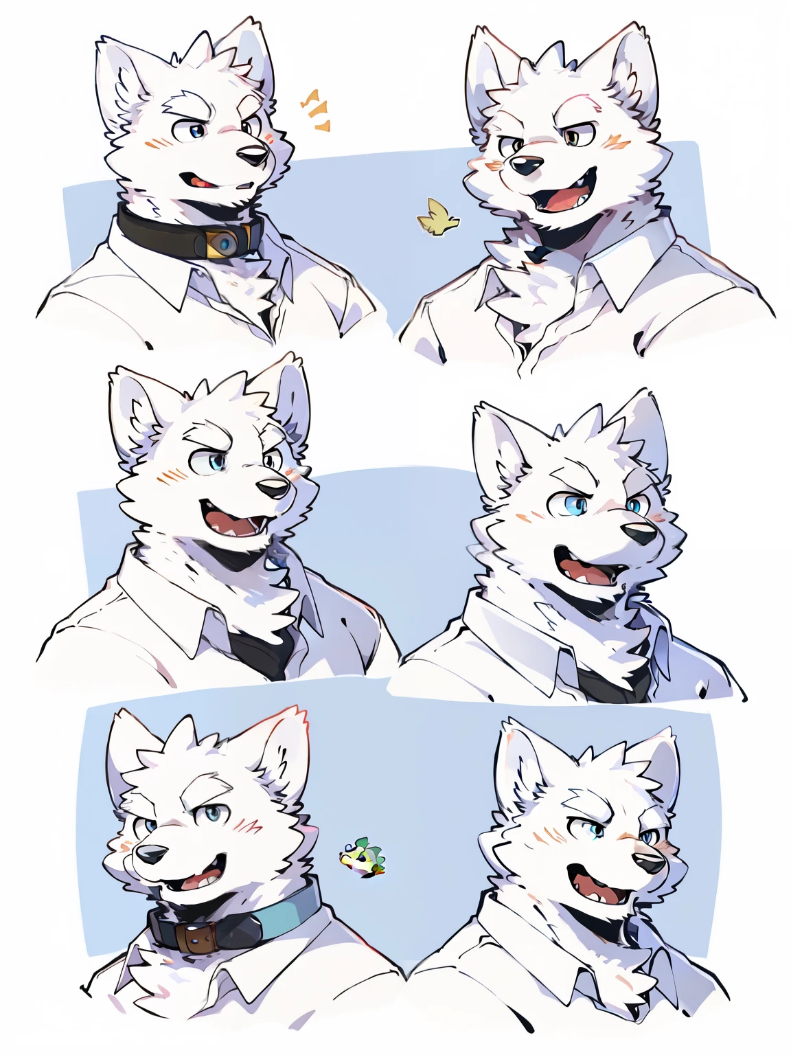 ((all white fur:1.5)), solo, Perfect sky blue eyes, Spike Collar, (artist:Takemoto Arashi), Mature face, elder, naughty face, glint, longeyelashes, (fang out), (Clear facial details), Thin and tall figure, Wearing an oversized white shirt, differentemotions, Multiple locations and emojis, ((Open mouth and laugh)), Nine-grid, UHD, super detail, high details