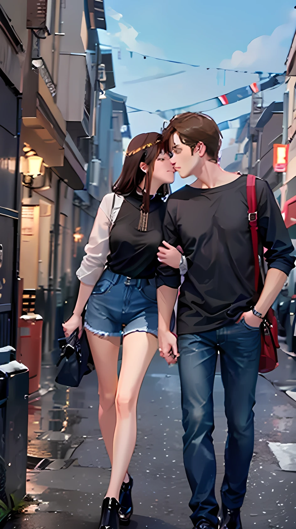 Kissing couple , Men and women, Brown Hair, at night , Put your hands in your pockets