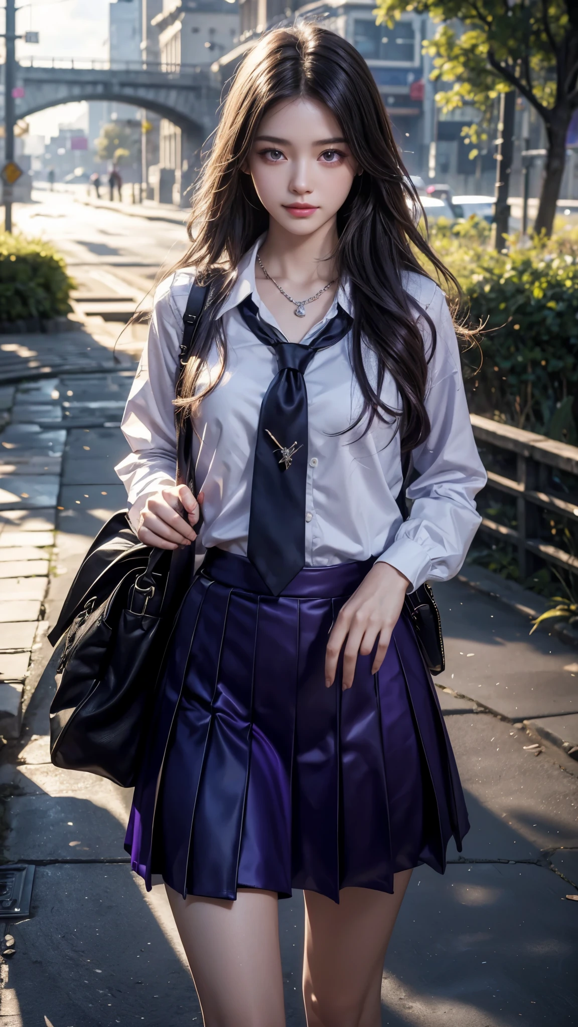 8K, UHD, masterpiece, 1 girl, good face, happy face, detailed eyes, very long hair, necklace, , (purple uniform), skirt, tie, school bag, in the bridge, cloudy weather, realism, depth of field, 3d, unreal engine 5, ray tracing, flowing wind,