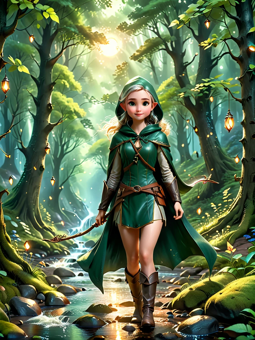 A girl, An experienced Elf Ranger embarks on a long journey of resistance, An elf wearing a leather tunic and a hooded cloak of gleaming platinum silk，Holding Elven Bow, Black Forest, A forest landscape in the background，Beautiful trees, Stream and Fireflies, panoramic, movie lighting, dramatic scene, High quality 3D rendering, fantasy, Pixar 3D character design style, Dreamyvibes Artstyle