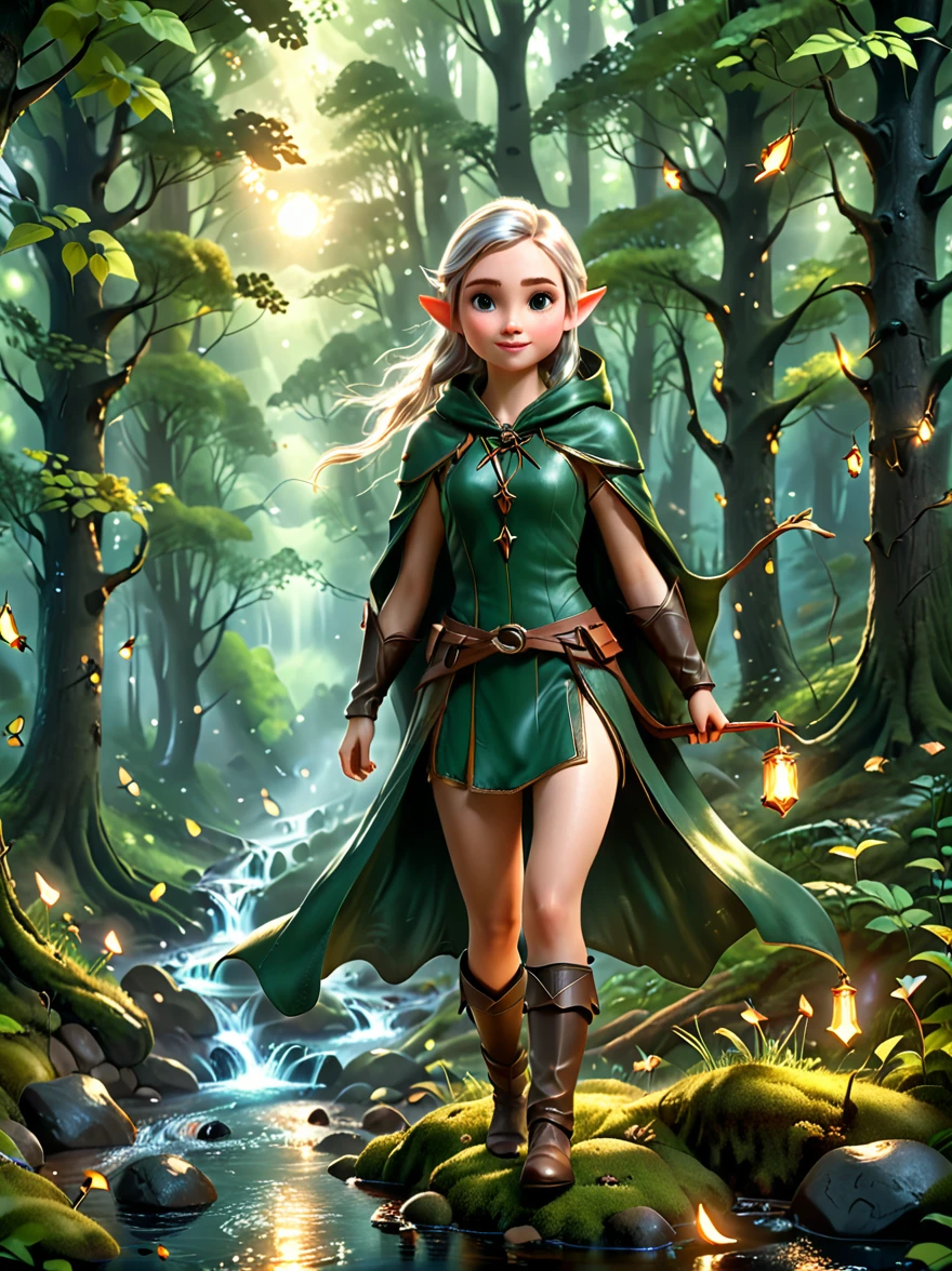 A girl, An experienced Elf Ranger embarks on a long journey of resistance, An elf wearing a leather tunic and a hooded cloak of gleaming platinum silk，Holding Elven Bow, Black Forest, A forest landscape in the background，Beautiful trees, Stream and Fireflies, panoramic, movie lighting, dramatic scene, High quality 3D rendering, fantasy, Pixar 3D character design style, Dreamyvibes Artstyle