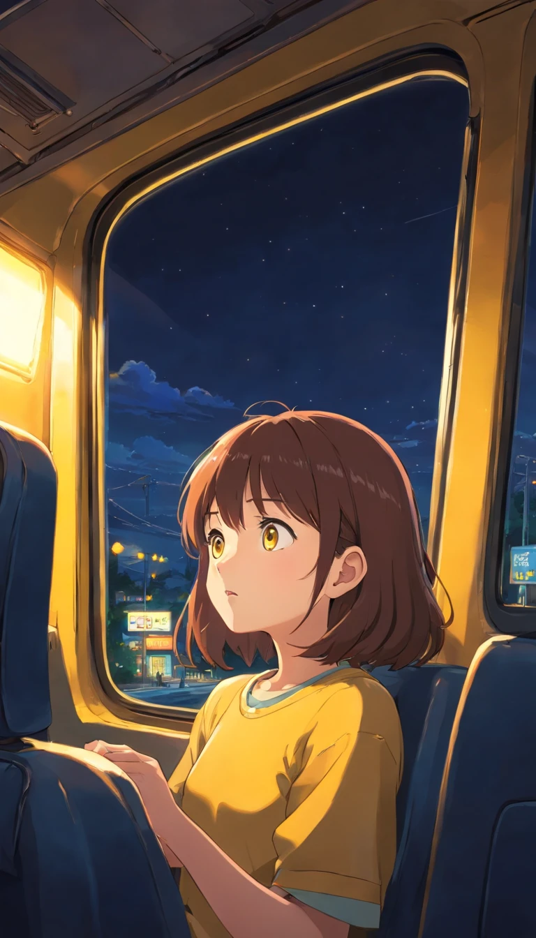 Girl looking up from inside a car(About 16 years old)、night、Driving on the highway、View from the train window、The yellow lights of the highway are reflected in the window.、Assistant seat、View from outside the car、high resolution