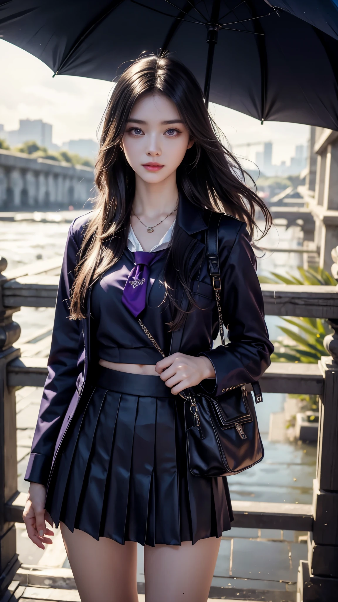 8K, UHD, masterpiece, 1 girl, good face, happy face, detailed eyes, very long hair, necklace, , (purple uniform), skirt, tie, school bag, in the bridge, cloudy weather, realism, depth of field, 3d, unreal engine 5, ray tracing, flowing wind,