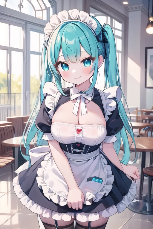 Solo Girl, 15-year-old,, Twintail Hair, aqua hair,, Mid-chest, highest quality, High resolution, Very detailed, Detailed Background, Perfect lighting、（maid1.0）、Extreme maid outfit、very cute,large breasts,cute eyes,puffy eyes,in the cafe room,smile,