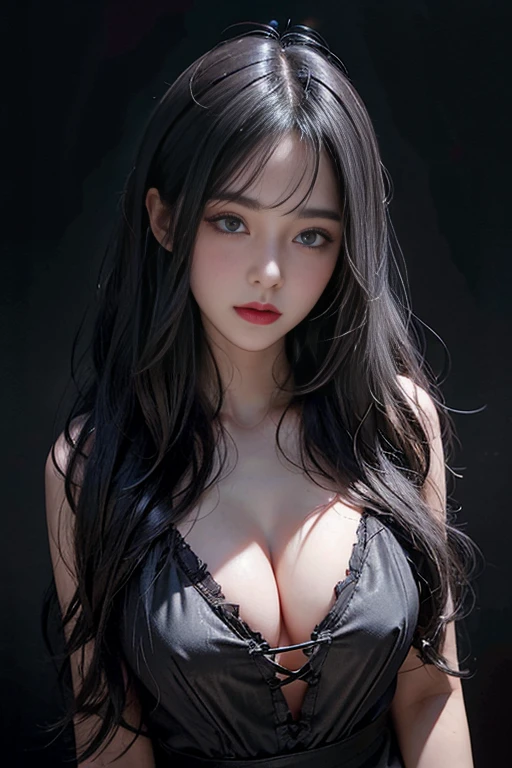 Cleavage, Volumetric lighting、Highly detailed face、One girl、dark、Deep Shadow、Low Key、Cowboy Shot、(Formula Services:1.4)、Hair length、Gray Hair、naked