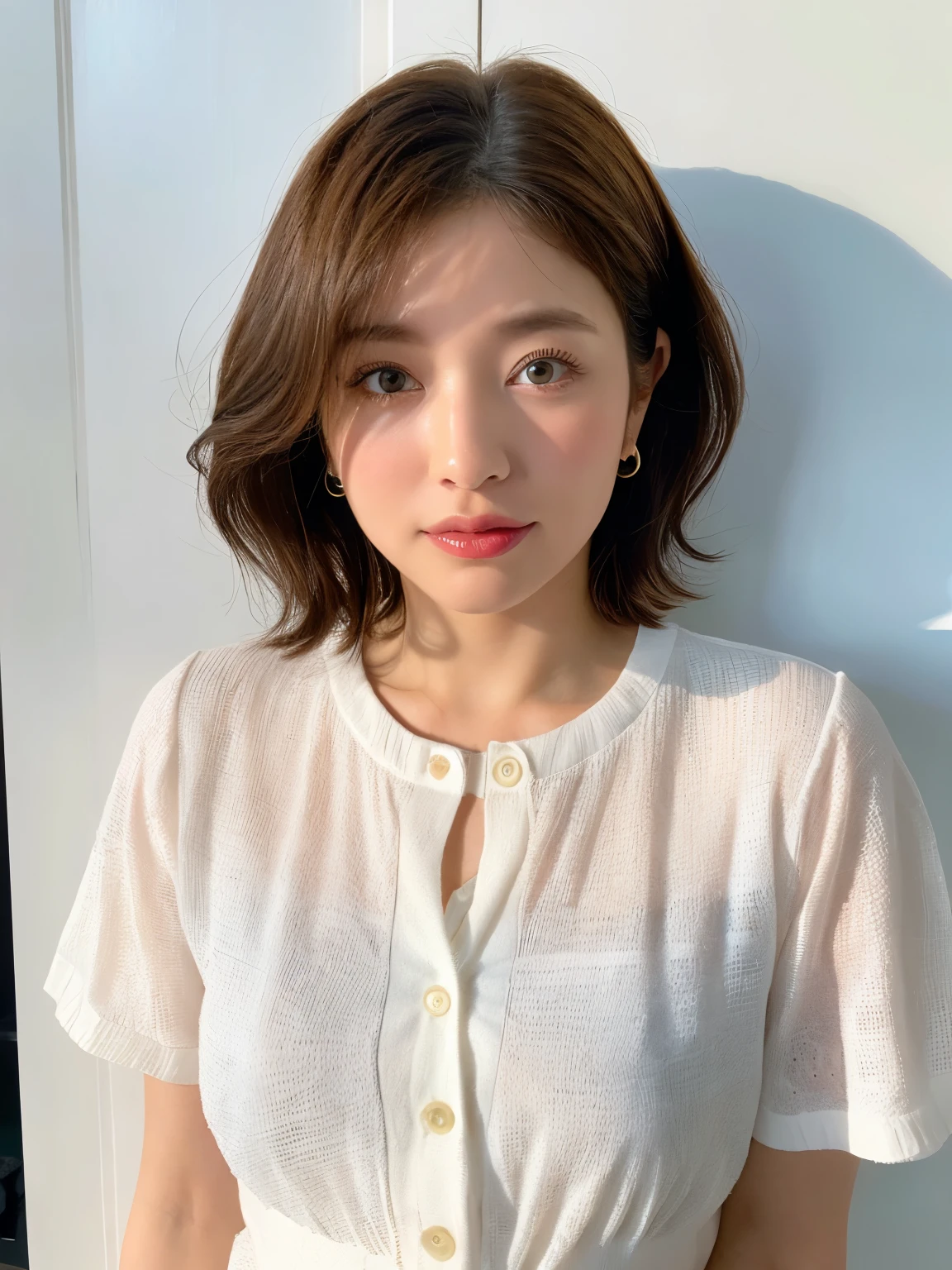Light grey short sleeve dress、Put a cardigan over your shoulders、Tabletop、(White wall in the background)、In front of the white door、((highest quality、8k、masterpiece:1.3))、Ultra-high resolution、(photoGenuineistic:1.4)、RAW Photos、30-year-old woman、Japanese,(face)、Genuine、Photographed in natural light、Highly detailed face and skin texture、Highly detailed lips、The correct state of the human body、Bob、Bobヘア、Bobカット、fluffy hair、Brown Hair、short hair、Mr.々A pose、Natural color lip、Fluffy hair