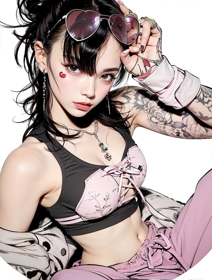 Beauty, Black Hair, Kickboxing, damage, bandage, monotone, mode, Ultra-thin line art, Detailed depiction, Fine writing, Hiro Yamagata, Lots of tattoos, Face Paint, Many rings, Flashy Nails, Lots of bangles, beautiful girl, solo, attractive, niji 6, multi color, the same pose, Summer outfitsPastel colored tops, pink, Mint green, Blouses and shirts in soft colors such as lavender, Floral Print, Floral dresses and skirts, Denim jackets and cardigans, Tank tops and camisoles, Bright colored bottoms, white, beige, Pants or skirts in light colors such as light gray, Flat shoes or sandals, casual, Small items such as earrings, Add an accent to your outfit、masterpiece, ultra detailed, hyper detailed, insanely detailed, detailed, high quality, best quality, exquisite, beautiful, woman, shy, wink, making a V sign, looking at viewer, black hair, big eyes, slant eyes, wide-eyed, heterochromia, with heart-shaped pupils, wheatish skin, skirt, choker, with a tattoo, piercing, beauty mark, freckles, blush, nail polish, long hair, twintail, very long hair, long hair, twintails, spiked hair, flipped hair, ahoge, shiny hair, wavy hair