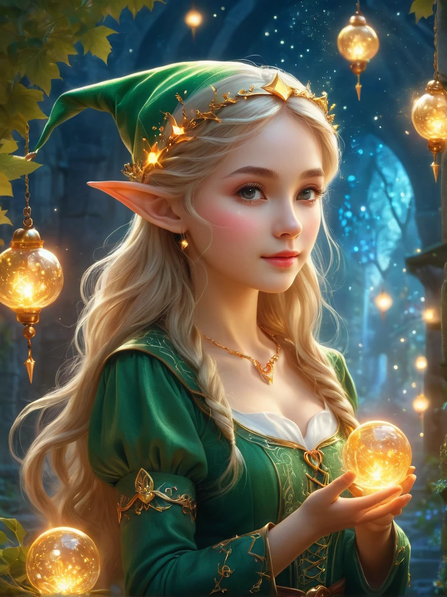 Europe, traditional, magic, A cute elf，在magic仙境中发出致命的哀嚎, Beautiful whimsical fantasy art concept, Detailed background, Glowing particles, Intricate details, Extremely sharp