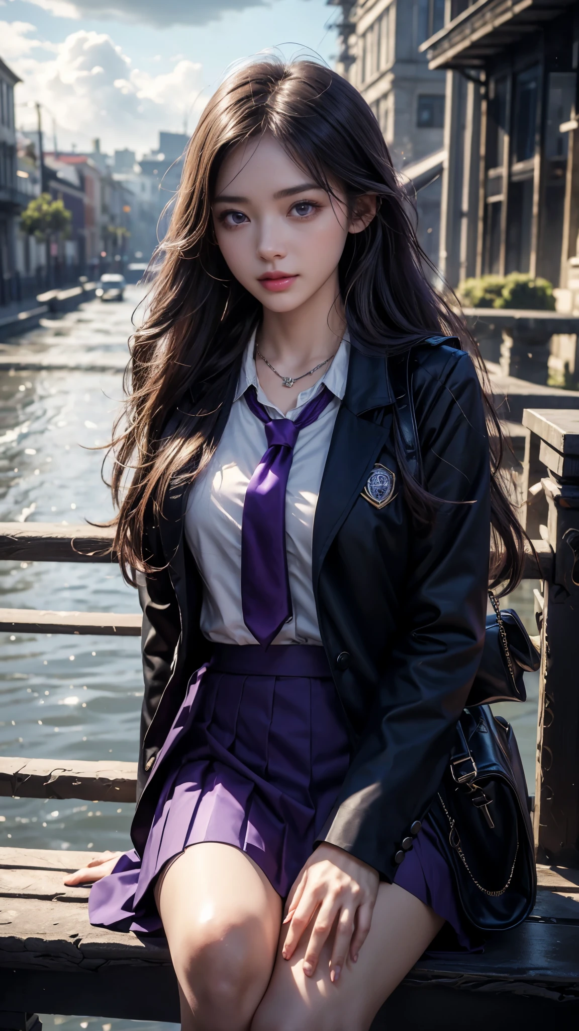8K, UHD, masterpiece, 1 girl, good face, happy face, detailed eyes, very long hair, necklace, , (purple uniform), skirt, tie, school bag, in the bridge, cloudy weather, realism, depth of field, 3d, unreal engine 5, ray tracing, flowing wind, sitting,