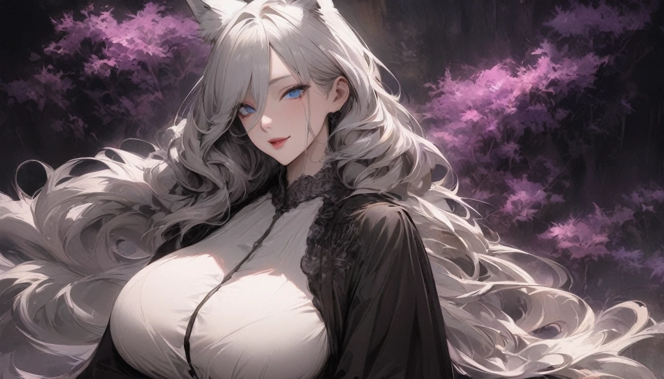 Masterpiece, Super high-quality computer graphics, Best quality, perfect image, beautiful eye details, very detailed, ultra detailed, one, (1 woman), She in a white shirt, black jeans and in an elegant pose, super mature, tall, mom, mature mother, super long hair, bright white hair and bangs on the sides, white wolf ears, beautiful, charming, bright blue eyes, elegant, big breasts, cheerful breasts, lustful smile, charming, dark background, daring atmosphere against the background of nature and forest.