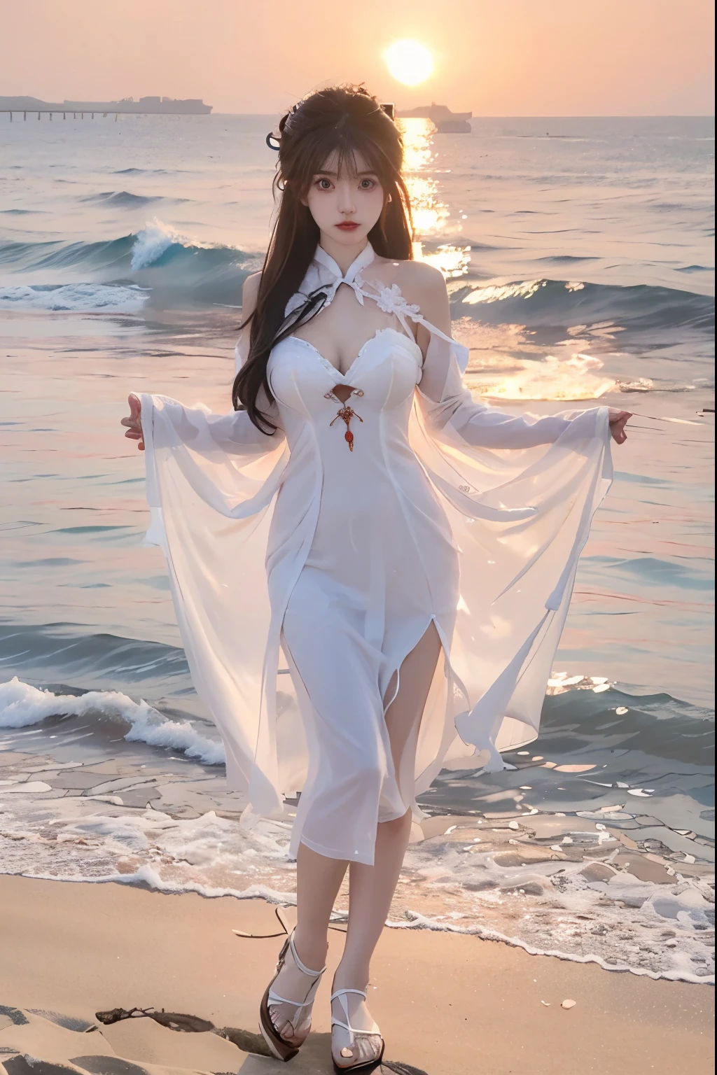 Beautiful woman with perfect body：1.4，Layered Hairstyle，Prominent cleavage：1.1，Highly detailed face and skin textures，Double eyelids，Skin Whitening，Long hair，Whitened long legs，（Transparent cheongsam）Standing by the sea