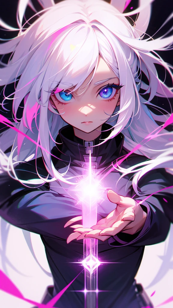 Highest quality explanation=She has long, white hair and pink and blue heterochromatic eyes.