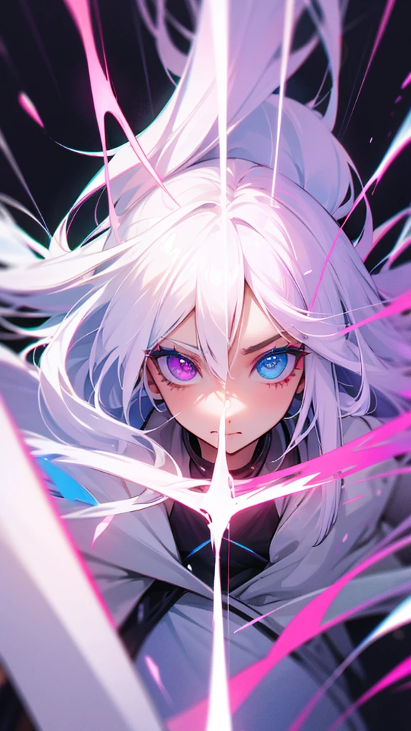 Highest quality explanation=She has long, white hair and pink and blue heterochromatic eyes.