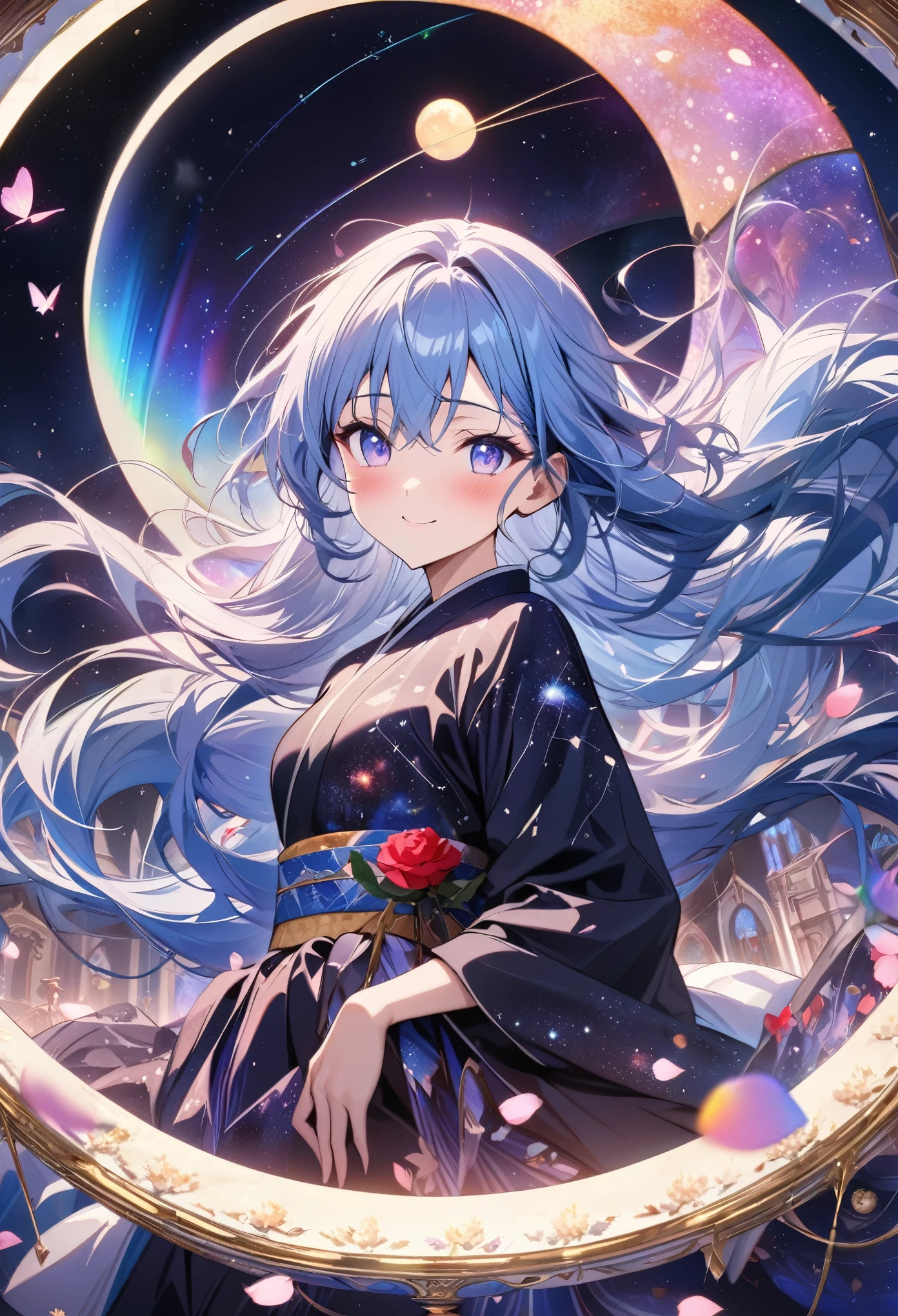 ((masterpiece:1.4)), (best quality), (ultra-detailed), anime style, 1girl, blue hair, long hair, musical note, shooting star, space, galaxy, aurora, seven-colored light, red rose, purple rose, white rose, close-up of face, butterfly, constellation, girl riding on a crescent moon, nebula, cherry blossom petals, stained glass, entire field of stained glass flowers, night cherry blossoms, kimono, blushing, blush, smile, zoom, reflection, planetarium, flowing hair, church, candelabra, dancing patterns.