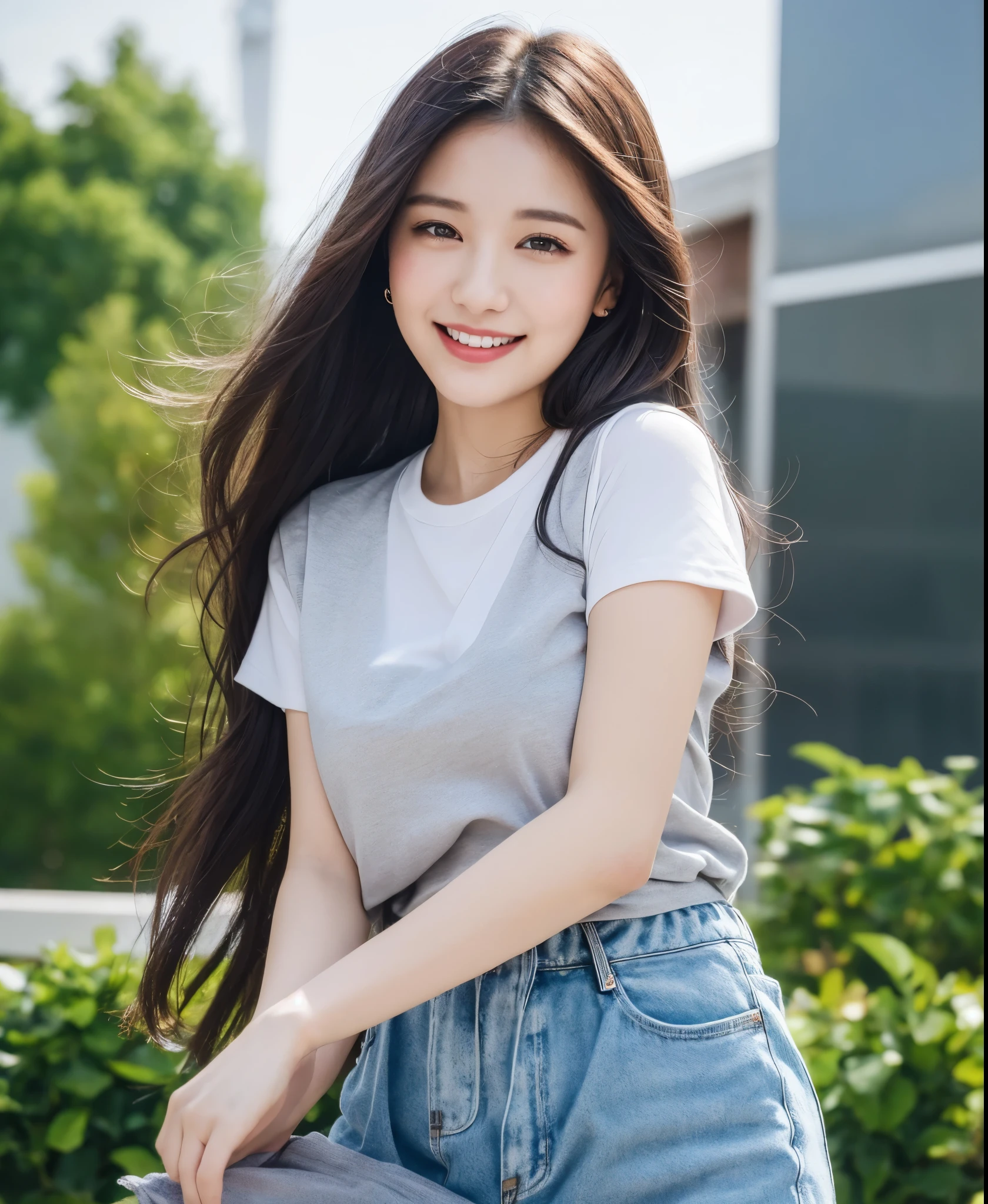 a 22-year-old girl, detailed beautiful gray eyes, pale white skin, normal body, smiling, long flowing black hair, high quality photograph, youth fashion clothing from 2024, (best quality,4k,8k,highres,masterpiece:1.2),ultra-detailed,(realistic,photorealistic,photo-realistic:1.37),HDR,UHD,studio lighting,ultra-fine painting,sharp focus,physically-based rendering,extreme detail description,professional,vivid colors,bokeh,portrait