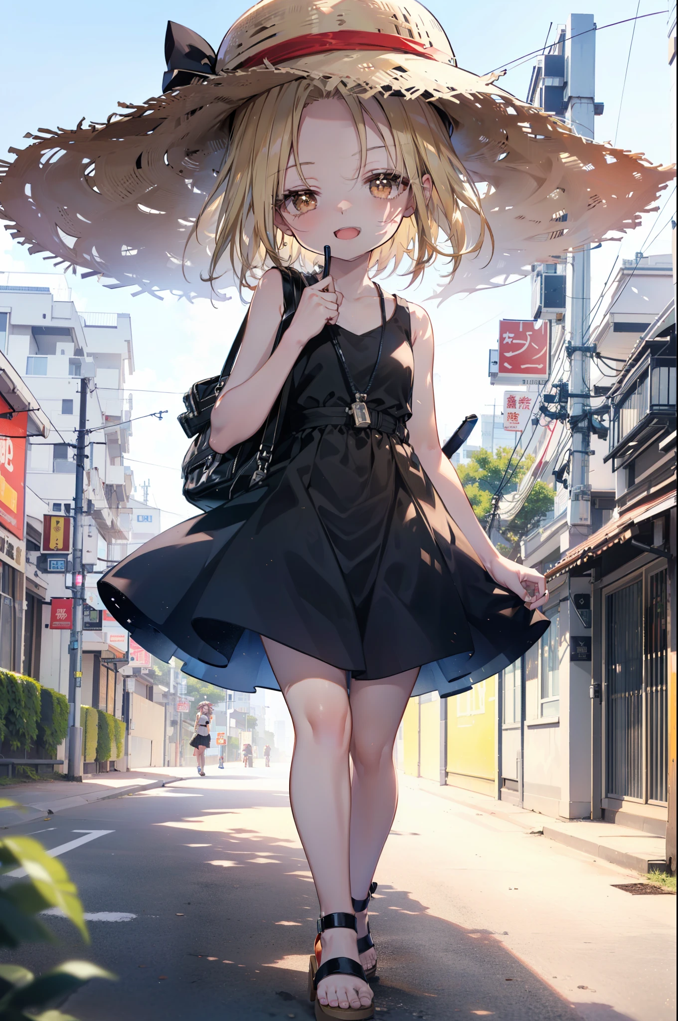 (annakyouyama, anna kyouyama, Blonde Hair, short hair, (Brown eyes:1.7),happy smile, smile, Open your mouth,Big straw hat,Black sleeveless dress,Long skirt,Cute Sandals,Daytime,Clear skies,Walking,
壊す looking at viewer, whole body,
Destroy outdoors, Building district,Destroy the coastal road (masterpiece:1.2), highest quality, High resolution, unity 8k wallpaper, (shape:0.8), (Fine and beautiful eyes:1.6), Highly detailed face, Perfect lighting, Highly detailed CG, (Perfect hands, Perfect Anatomy),