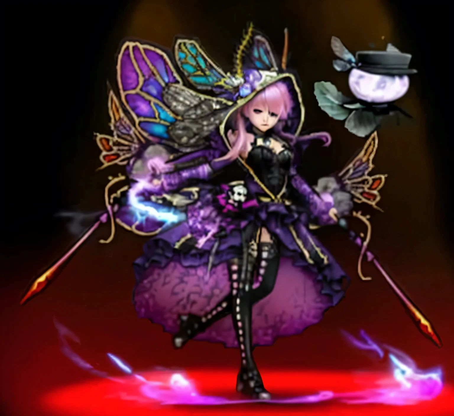 Fantasy characters with a dark and magical aura。A woman with pink hair、Wearing a black and purple outfit、It has a detailed pattern。With colorful butterfly wings、Carrying two long, slender weapons。There is a mysterious energy surrounding the character.、A cute little creature wearing a hat floats nearby。photograph,8K,highest quality,Best details