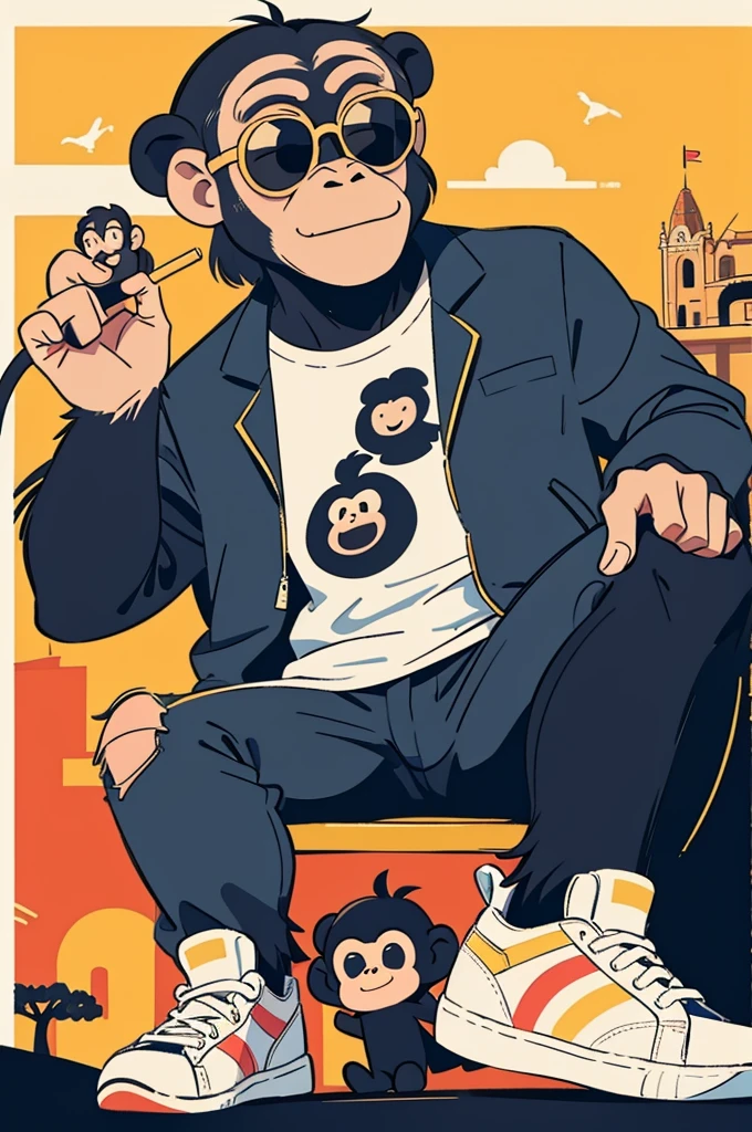 flat color,(a Chimpanzee wearing sunglasses), Chimpanzee travelling Spain,Cheerful,Shirt,,sneakers,enjoy trip,