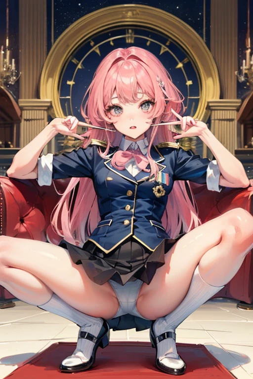 ((highest quality)), ((masterpiece)), (Super detailed), Pink Hair,uniform,Short skirt,（bad）,Spread your legs,Squat,Underwear that&#39;s stuck,Shiny underwear, from below,（Socks up to the knee）,Black socks