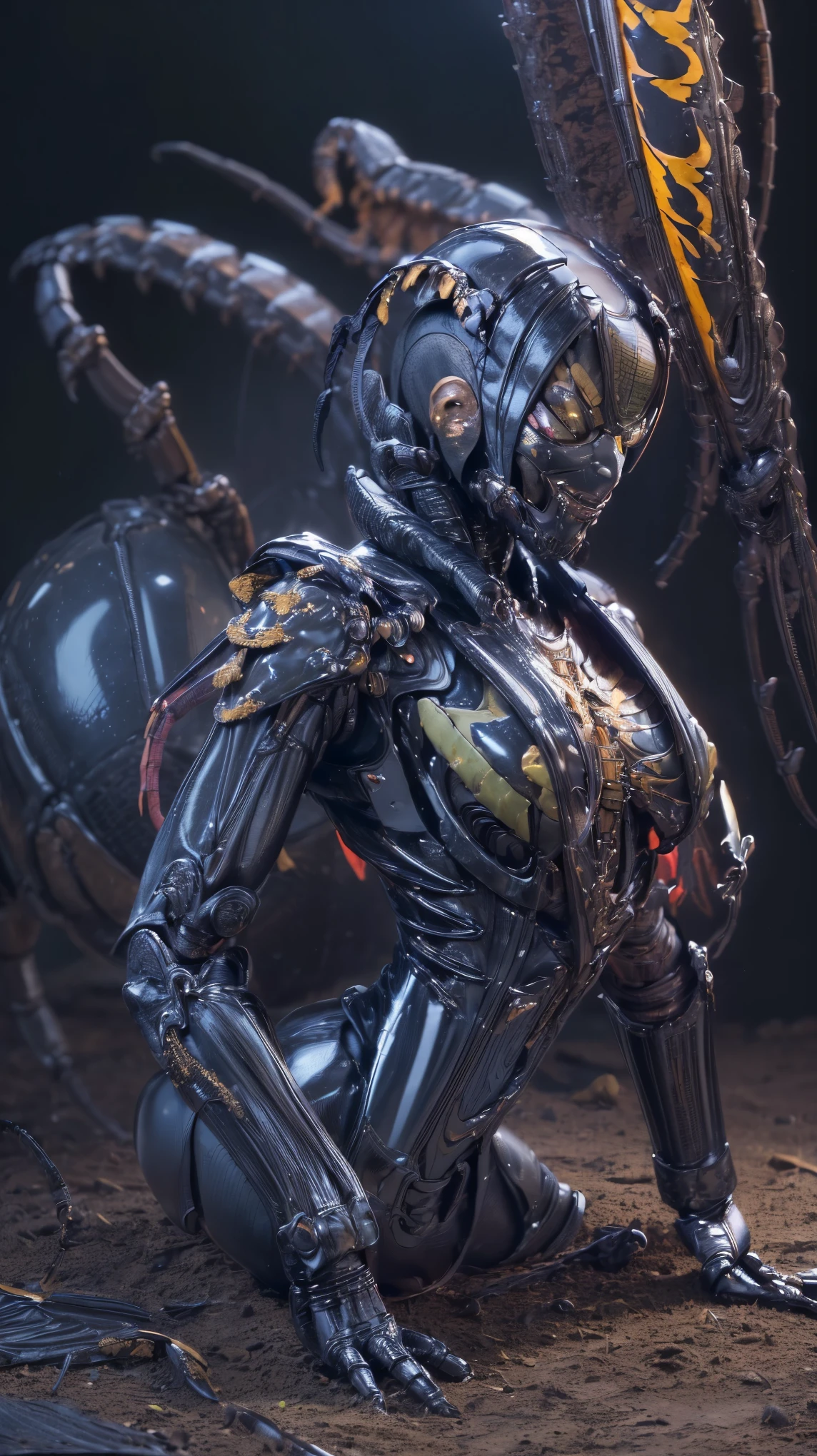 (high resolution,masterpiece,best quality,extremely detailed CG),(japanese girl), photorealistic, amazing fine details, all intricate, gloss and shiny,awesome many layers, 8k wall paper, ultimately realistic face, (whole body picture), perfect female proportion,villainess, (fusion of scorpion and lady:1.4), (scorpion form lady:1.2), (scorpion lady:1.2), (fusion:1.2), (scorpion exoskeleton bio insect suit:1.4), (scorpion blue exoskeleton bio insect armor:1.4), dystopia with a nice view, (cinematic pose)