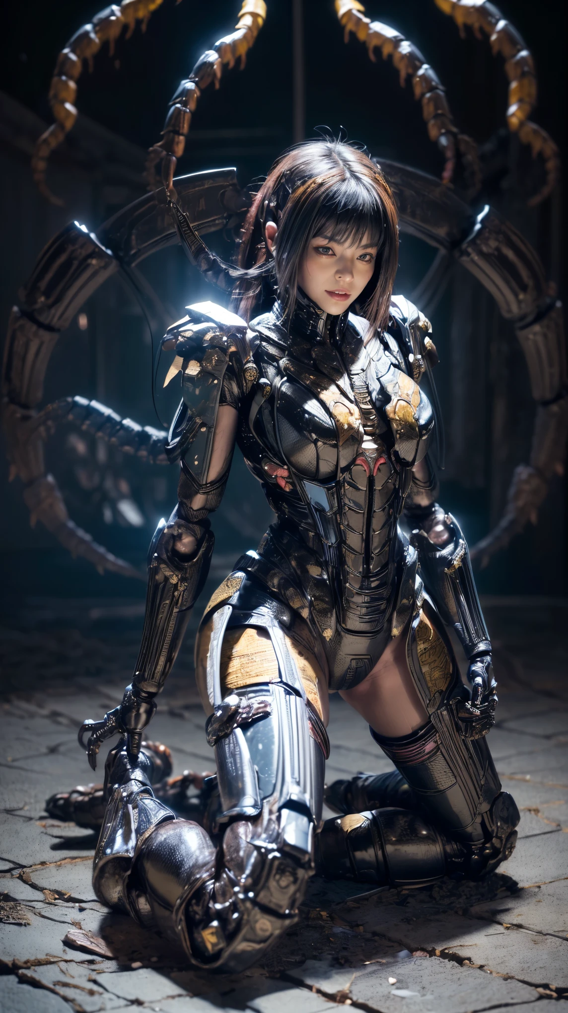 (high resolution,masterpiece,best quality,extremely detailed CG),(japanese girl), photorealistic, amazing fine details, all intricate, gloss and shiny,awesome many layers, 8k wall paper, ultimately realistic face, (whole body picture), perfect female proportion,villainess, (fusion of scorpion and lady:1.4), (scorpion form lady:1.2), (scorpion lady:1.2), (fusion:1.2), (scorpion exoskeleton bio insect suit:1.4), (scorpion blue exoskeleton bio insect armor:1.4), dystopia with a nice view