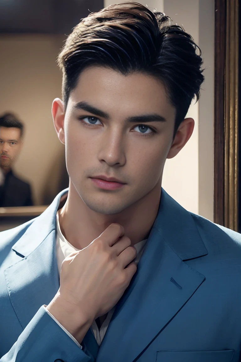 Ultra wide angle，((masterpiece)),((best quality)),8K,High Detail,Very detailed, 2 handsome muscular boys，very manly，blue eyes，Fashionable short hair，Vivid male image, fashion pose, masculine expression，Real skin texture, Perfect and realistic hand details，Light,
Royal blue style couple，White male model photos