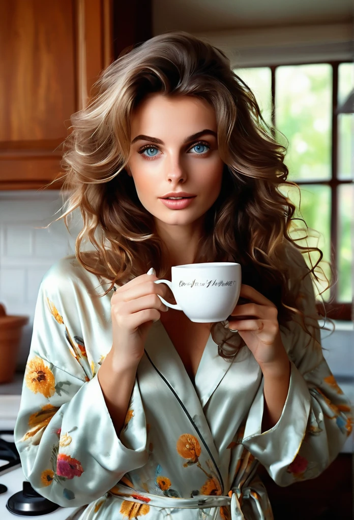 Brunette girl[Sophia Loren:Maude Adams:0.45], just woken up, still wears silk pajamas, holds a cup of hot coffee at her Kitchen in the early morning, (best quality, masterpieces, ultra-detailed), beautiful detailed eyes, beautiful detailed lips, longeyelashes, vibrant colors, illustrative style, high resolution fine photographs texture, flowing messy hair, cozy garden background, soft sunlight, lively expression, joyful interaction with the cat, dynamic pose, realistic rendering, MidJourney Aesthetic