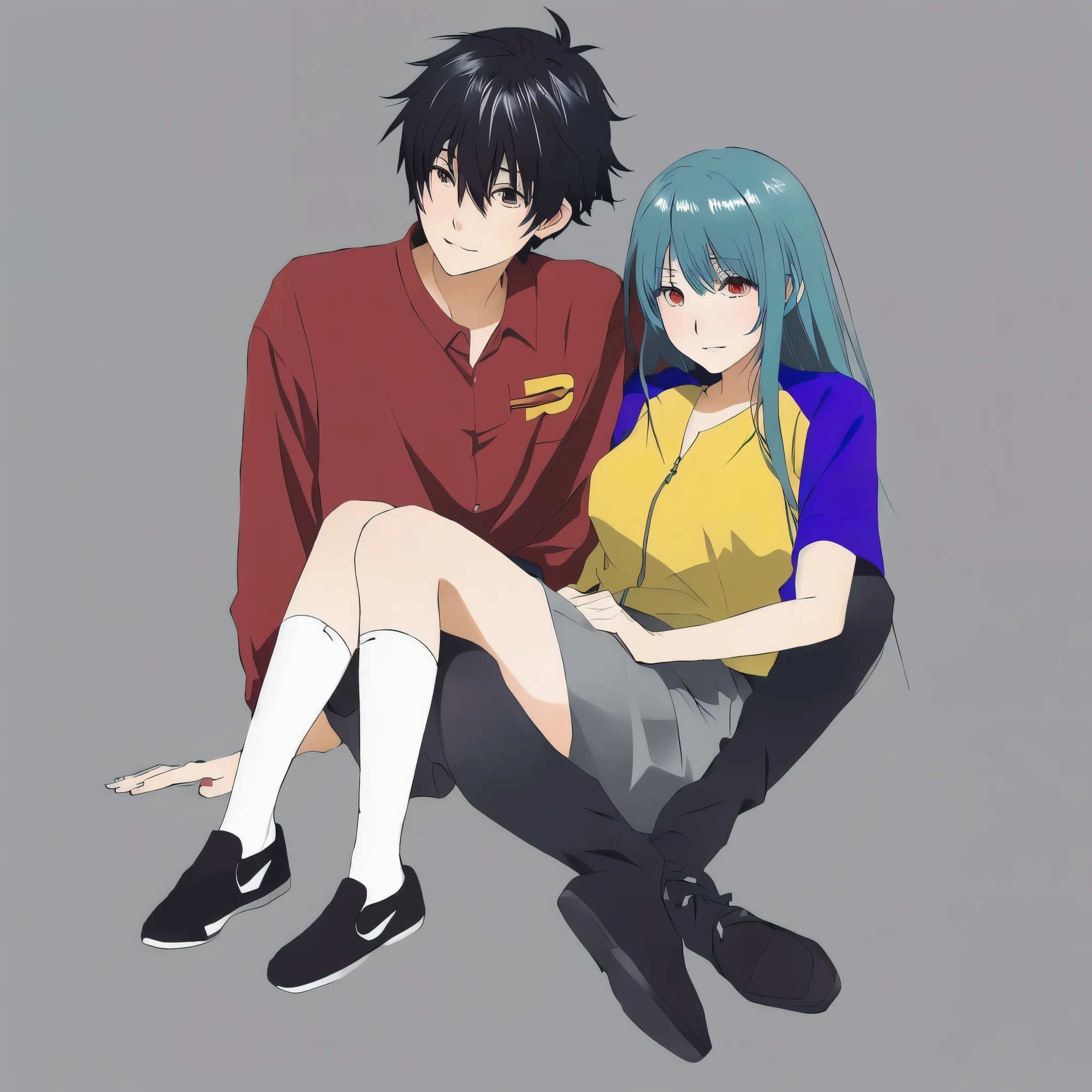 anime couple sitting on the ground with their legs Crossed, realistic