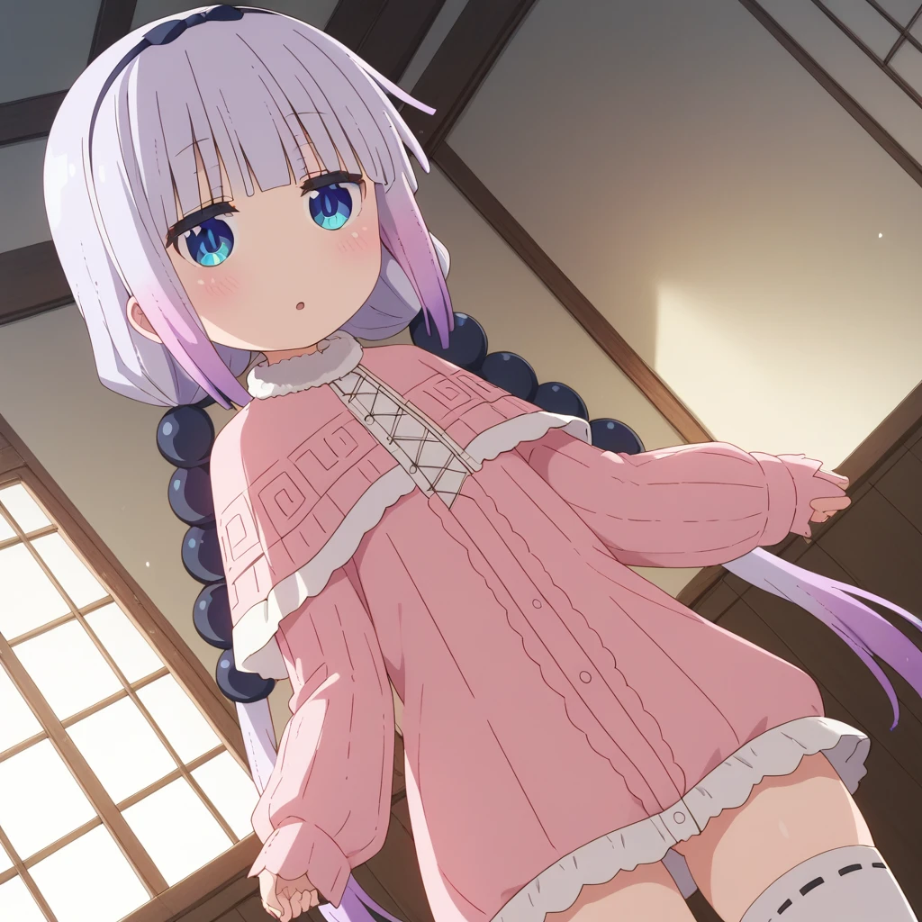 score_9, score_8_up, score_7_up, source_anime,rating_explicit,
kannakamui, kanna kamui, long hair, bangs, blue eyes, hair ornament, twintails, blunt bangs, low twintails, light purple hair, beads, dragon girl, hair beads, hairband,
thighhighs, long sleeves, dress, capelet, juliet sleeves,
indoors,
looking at viewer, dutch angle, cowboy shot