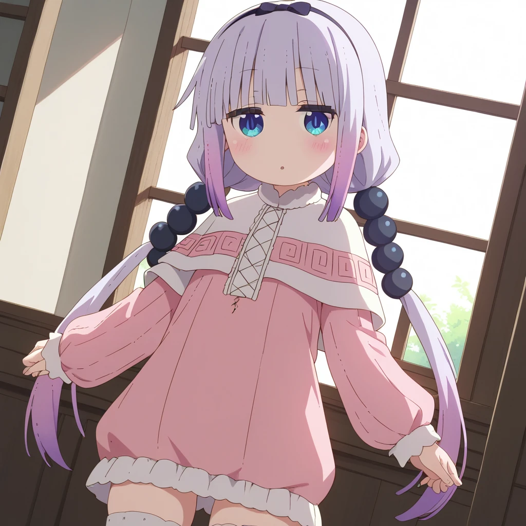 score_9, score_8_up, score_7_up, source_anime,rating_explicit,
kannakamui, kanna kamui, long hair, bangs, blue eyes, hair ornament, twintails, blunt bangs, low twintails, light purple hair, beads, dragon girl, hair beads, hairband,
thighhighs, long sleeves, dress, capelet, juliet sleeves,
indoors,
looking at viewer, dutch angle, cowboy shot