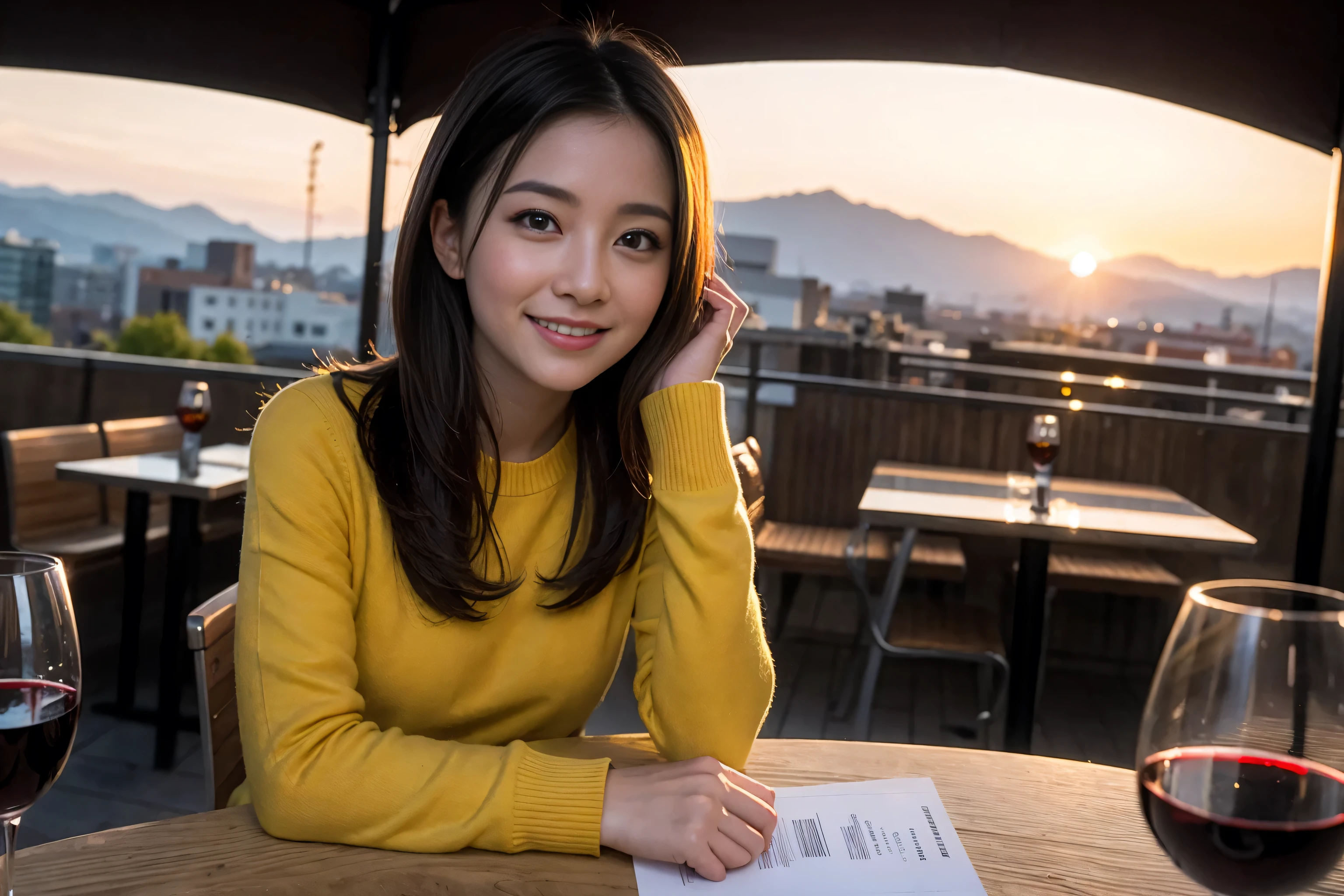 ((highest quality、8k、masterpiece:1.3))、Sharp focus:1.2、Beautiful woman perfect body:1.4、Slim body、((Bob Hale、Straight hair:1.2))、(to be born, highest quality, masterpiece:1.5), (Realistic, Intricate details:1.2), Ultra-high resolution, Amazing view of the sunset sky and clouds、Amazing mountain views、A bright smile、A lovely woman with a smile、Bright image、2. The beauty of wine, Beautiful Face, blue eyes, The light shines on your face, Blushing, short hair,Bright Face、Fox face、 (36 years old), 39 years old, Lady、red wine 、Appetizers、Italian food、Wine bottle、Champagne、sparkling wine、Two beauties、Brown Hair、Shortcuts、Long sleeve shirt、dress、Pretty Woman 1, (Slim face), (The body is slim), (Brown Hair), (Shortcuts), cheeks turn a little red,Attractive beauty、, Out of the window, A beautiful and detailed night view unfolds.........., restaurant, In a prominent place (From the waist up) Nova Frog Style, actress, model, Upper Body, White wine, slim, wine glass, Wine glass placed in the center, smile, (smile: 1.15), Beautiful fine grain, Depth f/2,saturation, High Contrast, Strong light and shadow,Moist Body:1.5、3D texture、Delicate eyes、Brown Hair、The hair is very shiny、