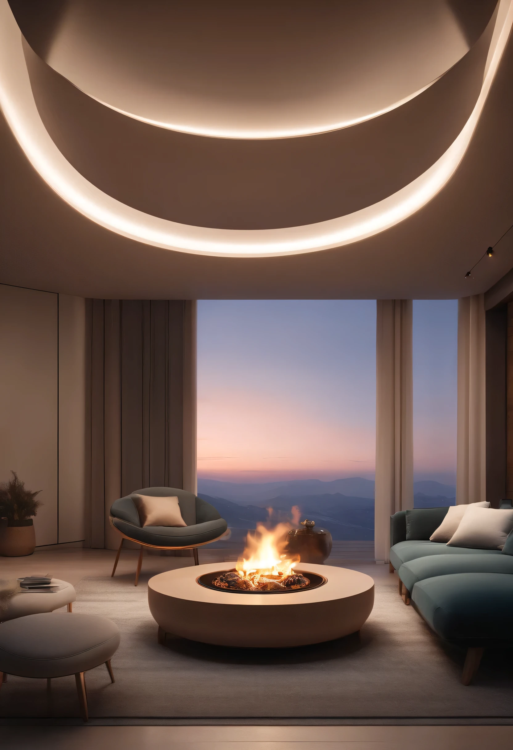 Professional 3D rendering design of modern and minimal of a circular fireplace design for the middle of the terrace