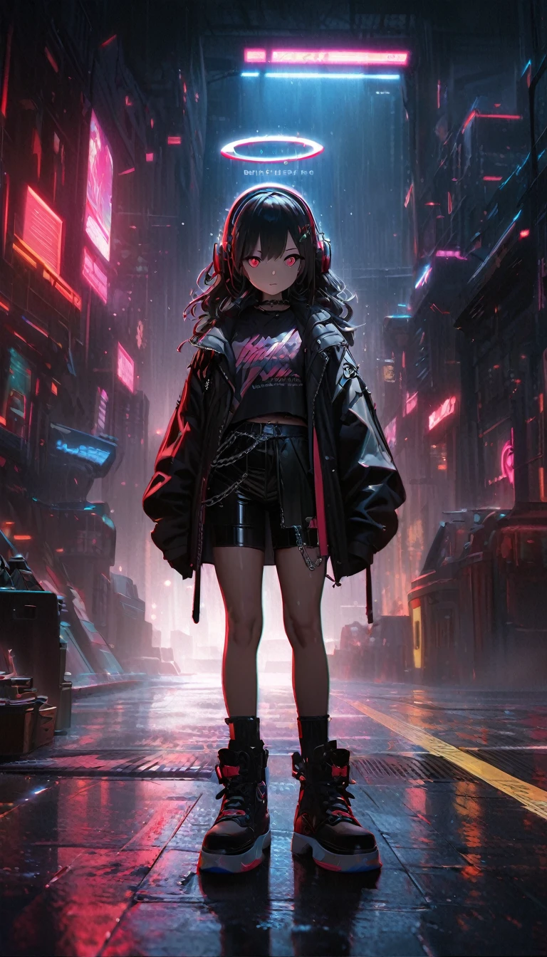 , chromatic aberration, Depth of written boundary, Soft Lighting, masterpiece, highest quality, complicated, Tone Map, Very detailed, Art Station, Concept Art, Smooth, Sharp Focus, Dramatic lighting, Very detailedアートワーク, Cinematic, Hyperrealistic painting, Art Stationのトレンド, 8k, Incredible Shadows, Realistic, (Very detailed背景:1.0), 一人の女の子のVery detailed肖像画1, standing on the street corner, During a downpour with lightning and cloudy skies, neon and cyberpunk background, she is dressed in punk clothing with silver chains and silver spikes, She has a butterfly wing hairpin in her wild hair, She is wearing headphones and a tie, , Have clear pupils、Red eyes with glowing details, Halo&#39;s sinister aura, smile, punk, ciberpunk, Backlight