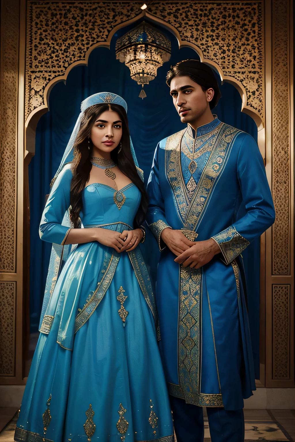 painting of a man in a crown and a woman in a blue dress, persian folklore illustration, by Kamāl ud-Dīn Behzād, inspired by Osman Hamdi Bey, painting of samarkand, persian princess, persian folktale artstyle, by Abdullah Gërguri, 1001 nights, arabian art