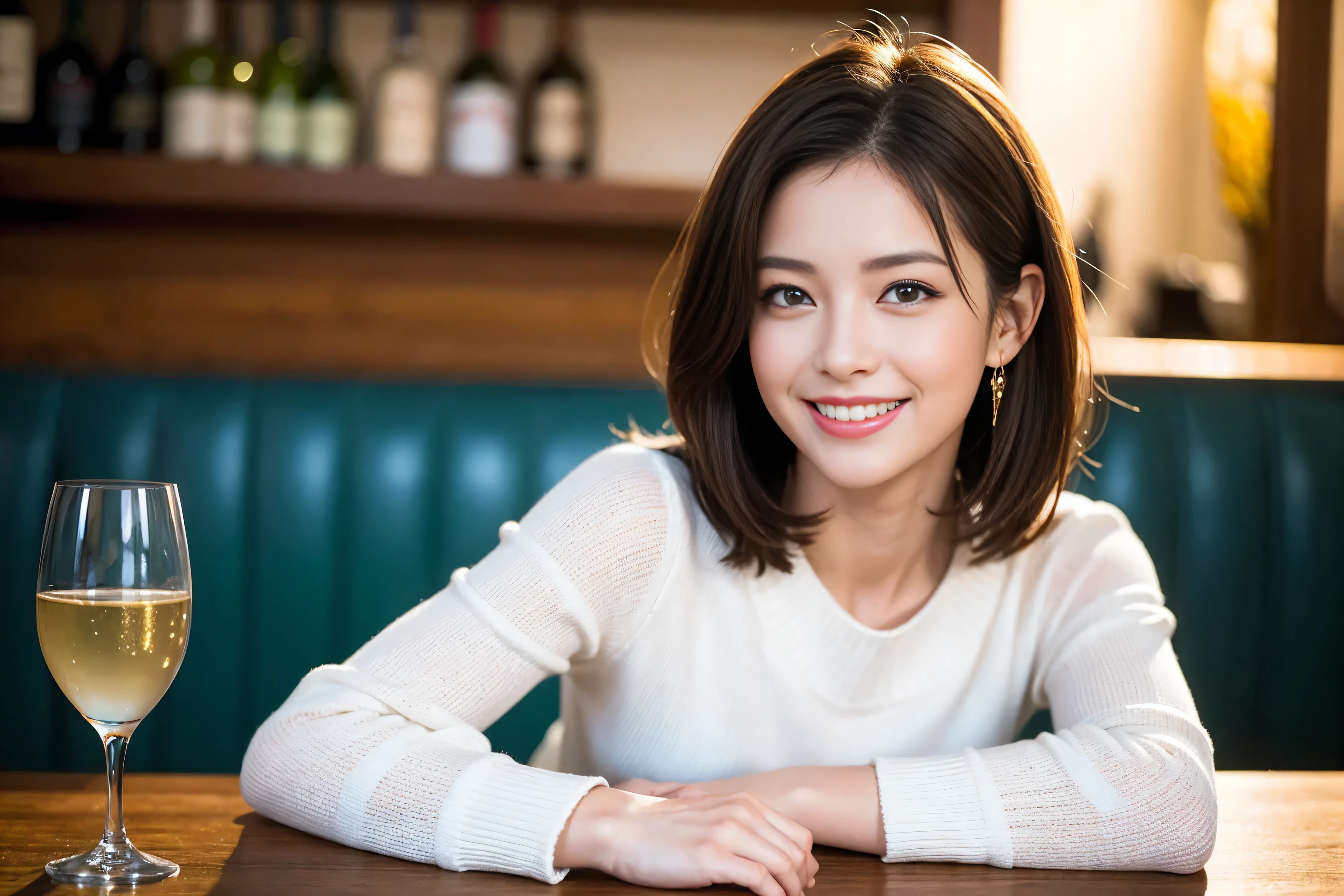 ((highest quality、8k、masterpiece:1.3))、1 male、1 woman who resembles Satomi Ishihara、Couple、Spouse、Couple、The body is slim、((Bob Hale、Straight hair:1.2)), (Realistic, Intricate details:1.2), Wine glass on the table、Put the light on your face、 Amazing view of the sunset sky and clouds、Amazing mountain views、A bright smile、The wonderfulness of smile、Bright image、The beauty of wine, Beautiful Face, blue eyes, The light shines on your face, Blushing, short hair,Bright Face、 (Age 42), 39 years old, red wine 、Appetizers、Italian food、Wine bottle、Champagne、sparkling wine、Two beauties、Brown Hair、Shortcuts、Long sleeve shirt、dress、Pretty Woman 1, (Slim face), (The body is slim), (Brown Hair), (Shortcuts), cheeks turn a little red,Attractive beauty、restaurant, In a prominent place (From the waist up) Nova Frog Style, actress, model, Upper Body, White wine, slim, wine glass, A wine glass placed in the center, smile, (smile: 1.15), Beautiful fine grain, Depth f/2,saturation, High Contrast, Strong light and shadow,Moist Body:1.5、3D texture、Delicate eyes、Brown Hair、The hair is very shiny、