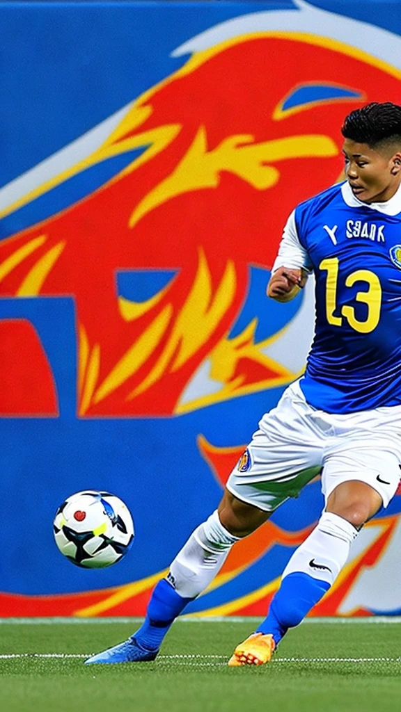 Muscular boy、soccer、Flames from the ball、Blue uniform、Big stadium、