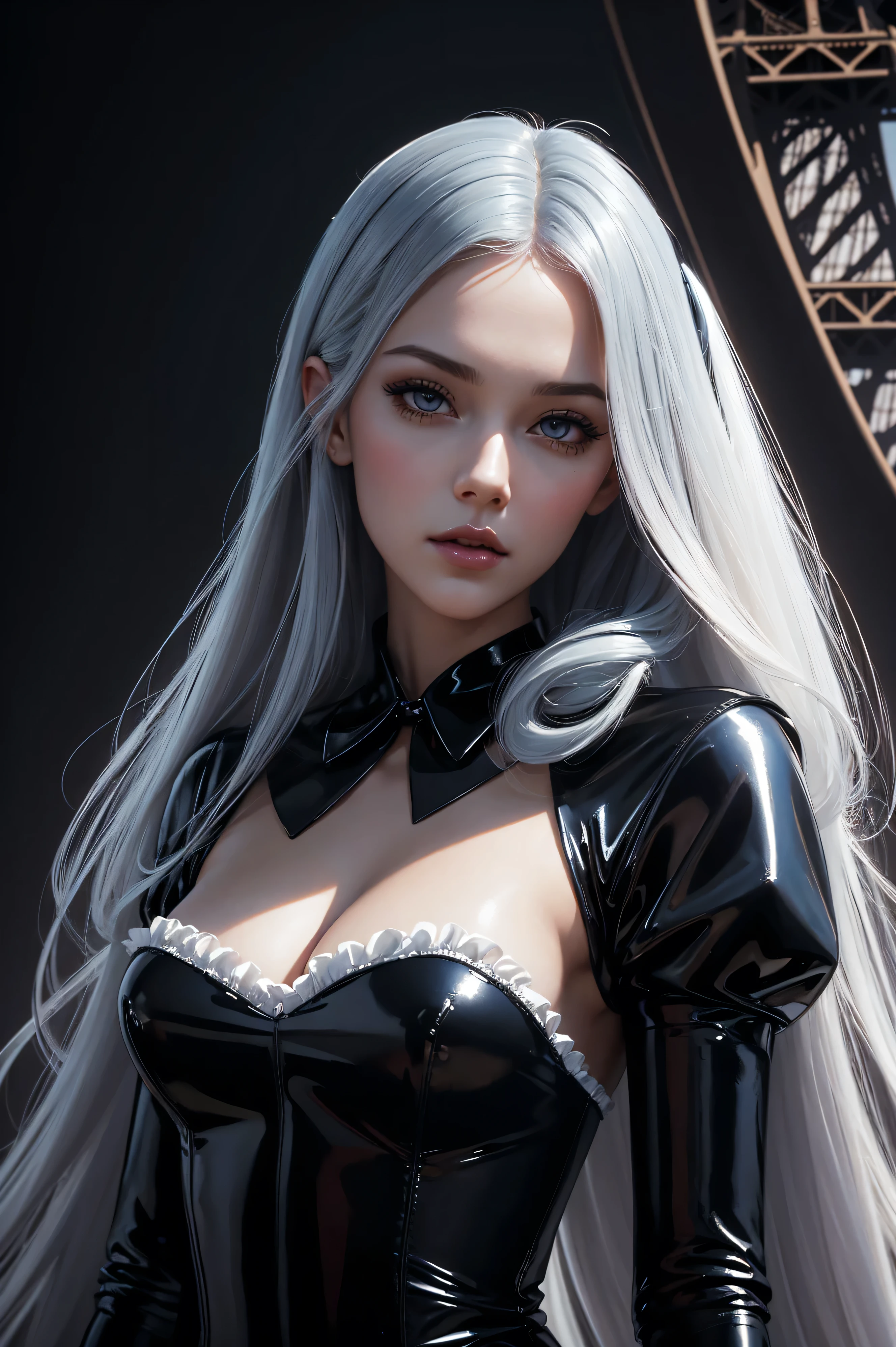 portrait Azura Grace wearing french maid latex, against the background of the Eiffel Tower, character portrait, 3 9 9 0 s, long hair, intricate, elegant, highly detailed, digital painting, artstation, concept art, smooth, sharp focus, illustration, art by wlop, charlie bowater and alexandra fomina