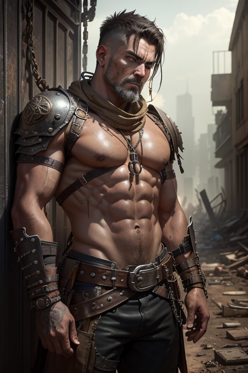 postapocalypse warrior, leather, leather straps, rivets, chains, ropes, bronze, corrugated tubes, against the background of the ruined city, rusted steel structures, ((intricate details)), hdr, ((intricate details, hyperdetailed)), cinematic shot, vignette, highly detailed, INTRICATE, photo realistic, cinematic lighting