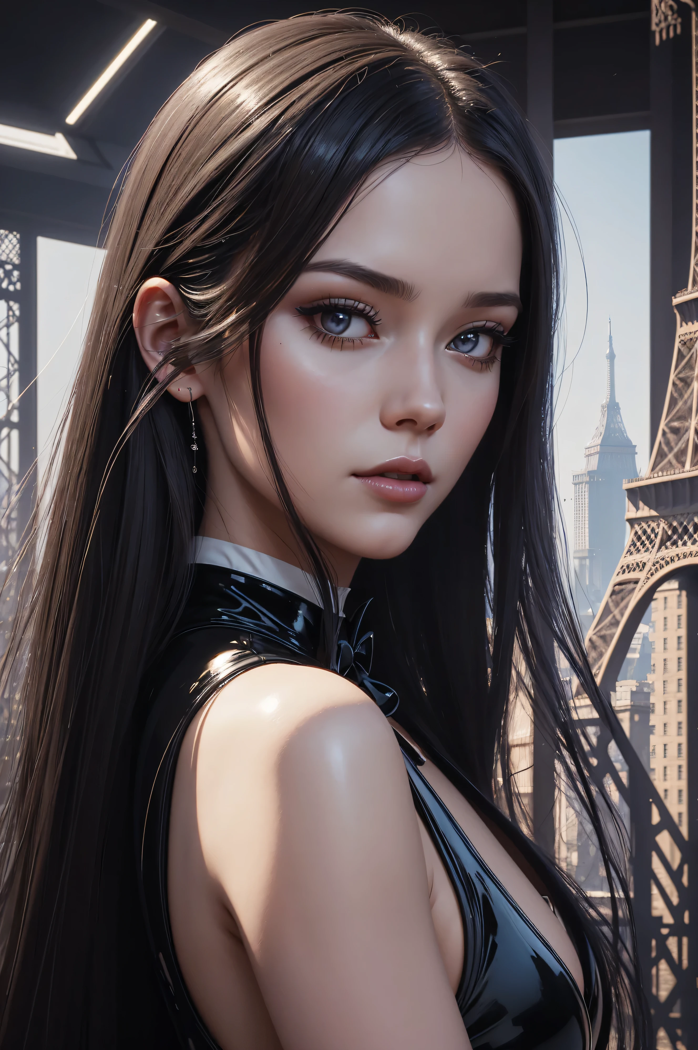 portrait Azura Grace wearing french maid latex, against the background of the Eiffel Tower, character portrait, 3 9 9 0 s, long hair, intricate, elegant, highly detailed, digital painting, artstation, concept art, smooth, sharp focus, illustration, art by wlop, charlie bowater and alexandra fomina