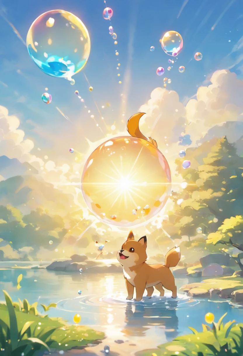 An inspiring ultra-high definition 3D scene,Showing a Shiba Inu, Make a wish with Pokémon by a quiet lake. Beautifully presented,The details are all in place, See the bubbles gently blowing into the air, Everyone has a good wish. Bubbles capture reflections of the setting sun, Be a dreamer, magical effect. The overall atmosphere is soft, Full of hope and tranquility
