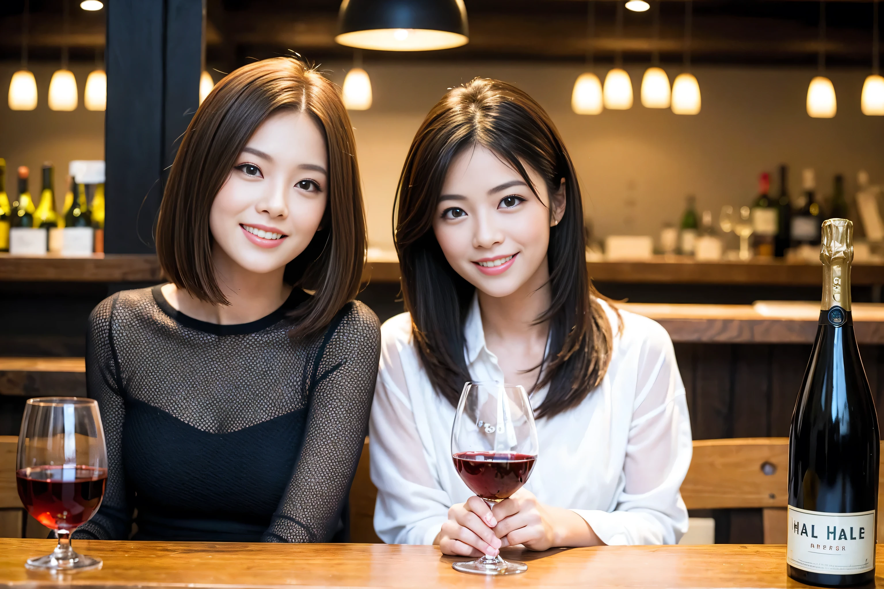 ((highest quality、8k、masterpiece:1.3))、1 male、1 female、Satomi Ishihara lookalike couple、Spouse、Brown Hair Couple、The body is slim、((Bob Hale、Straight hair:1.2)), (Realistic, Intricate details:1.2), Wine glass on the table、Put the light on your face、 Amazing view of the sunset sky and clouds、Amazing mountain views、A bright smile、The wonderfulness of smile、Bright image、The beauty of wine, Beautiful Face, blue eyes, The light shines on your face, Blushing, short hair,Bright Face、 (41 years old), 39 years old, red wine 、Appetizers、Italian food、Wine bottle、Champagne、sparkling wine、Two beauties、Brown Hair、Shortcuts、Long sleeve shirt、dress、Pretty Woman 1, (Slim face), (The body is slim), (Brown Hair), (Shortcuts), cheeks turn a little red,Attractive beauty、restaurant, In a prominent place (From the waist up) Nova Frog Style, actress, model, Upper Body, White wine, slim, wine glass, A wine glass placed in the center, smile, (smile: 1.15), Beautiful fine grain, Depth f/2,saturation, High Contrast, Strong light and shadow,Moist Body:1.5、3D texture、Delicate eyes、Brown Hair、The hair is very shiny、