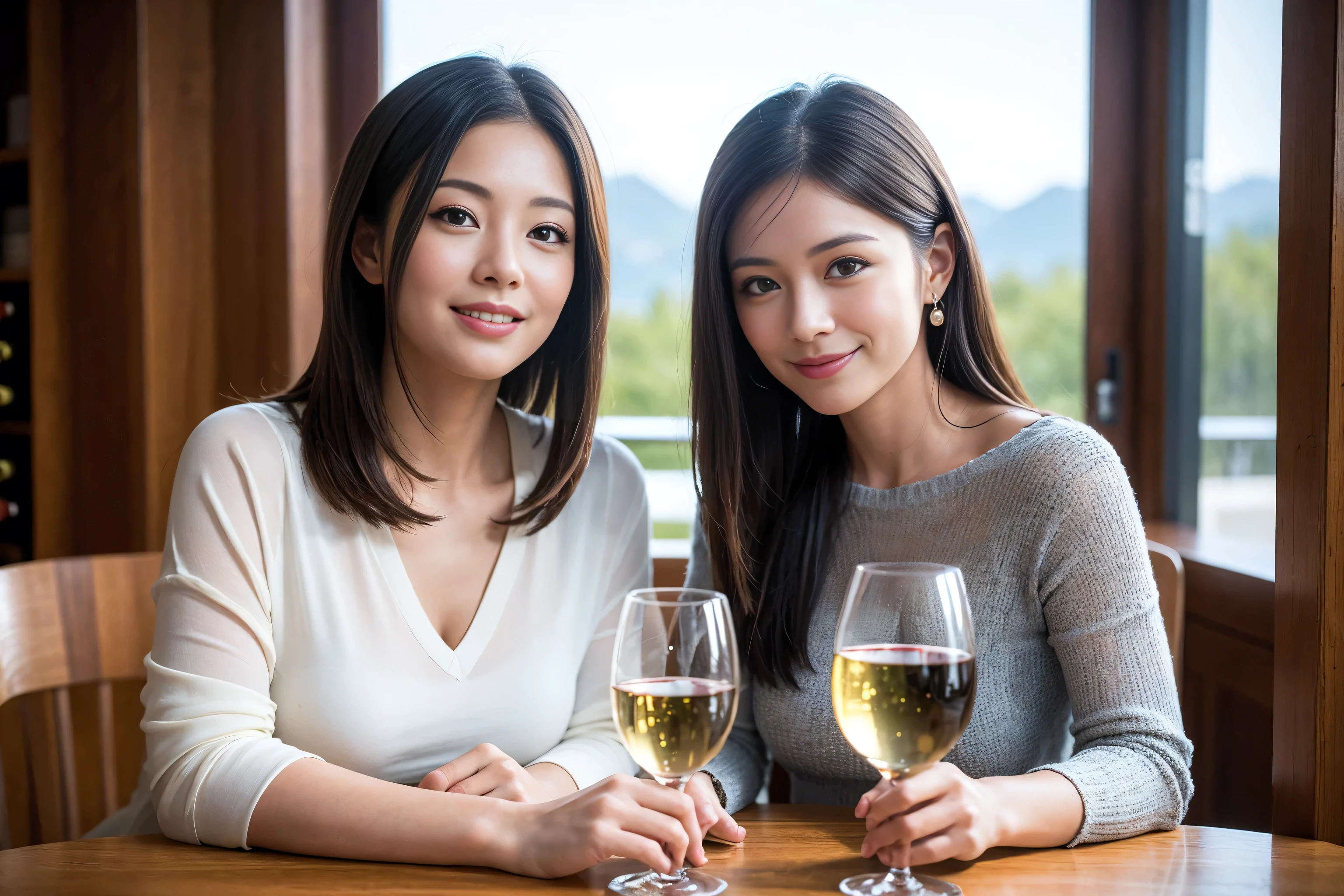 ((highest quality、8k、masterpiece:1.3))、1 male、1 female、Satomi Ishihara lookalike couple、Spouse、Brown Hair Couple、The body is slim、((Bob Hale、Straight hair:1.2)), (Realistic, Intricate details:1.2), Wine glass on the table、Put the light on your face、 Amazing view of the sunset sky and clouds、Amazing mountain views、A bright smile、The wonderfulness of smile、Bright image、The beauty of wine, Beautiful Face, blue eyes, The light shines on your face, Blushing, short hair,Bright Face、 (41 years old), 39 years old, red wine 、Appetizers、Italian food、Wine bottle、Champagne、sparkling wine、Two beauties、Brown Hair、Shortcuts、Long sleeve shirt、dress、Pretty Woman 1, (Slim face), (The body is slim), (Brown Hair), (Shortcuts), cheeks turn a little red,Attractive beauty、restaurant, In a prominent place (From the waist up) Nova Frog Style, actress, model, Upper Body, White wine, slim, wine glass, A wine glass placed in the center, smile, (smile: 1.15), Beautiful fine grain, Depth f/2,saturation, High Contrast, Strong light and shadow,Moist Body:1.5、3D texture、Delicate eyes、Brown Hair、The hair is very shiny、