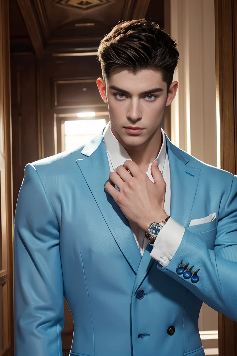 Ultra wide angle，((masterpiece)),((best quality)),8K,High Detail,Very detailed, 2 handsome muscular boys，Very manly，blue eyes，Stylish short hair，Vivid male image, fashion pose, masculine expression，Real skin texture, (Perfect hand details)，Full and detailed hand details，Light,
Royal blue style couple，White male model photos