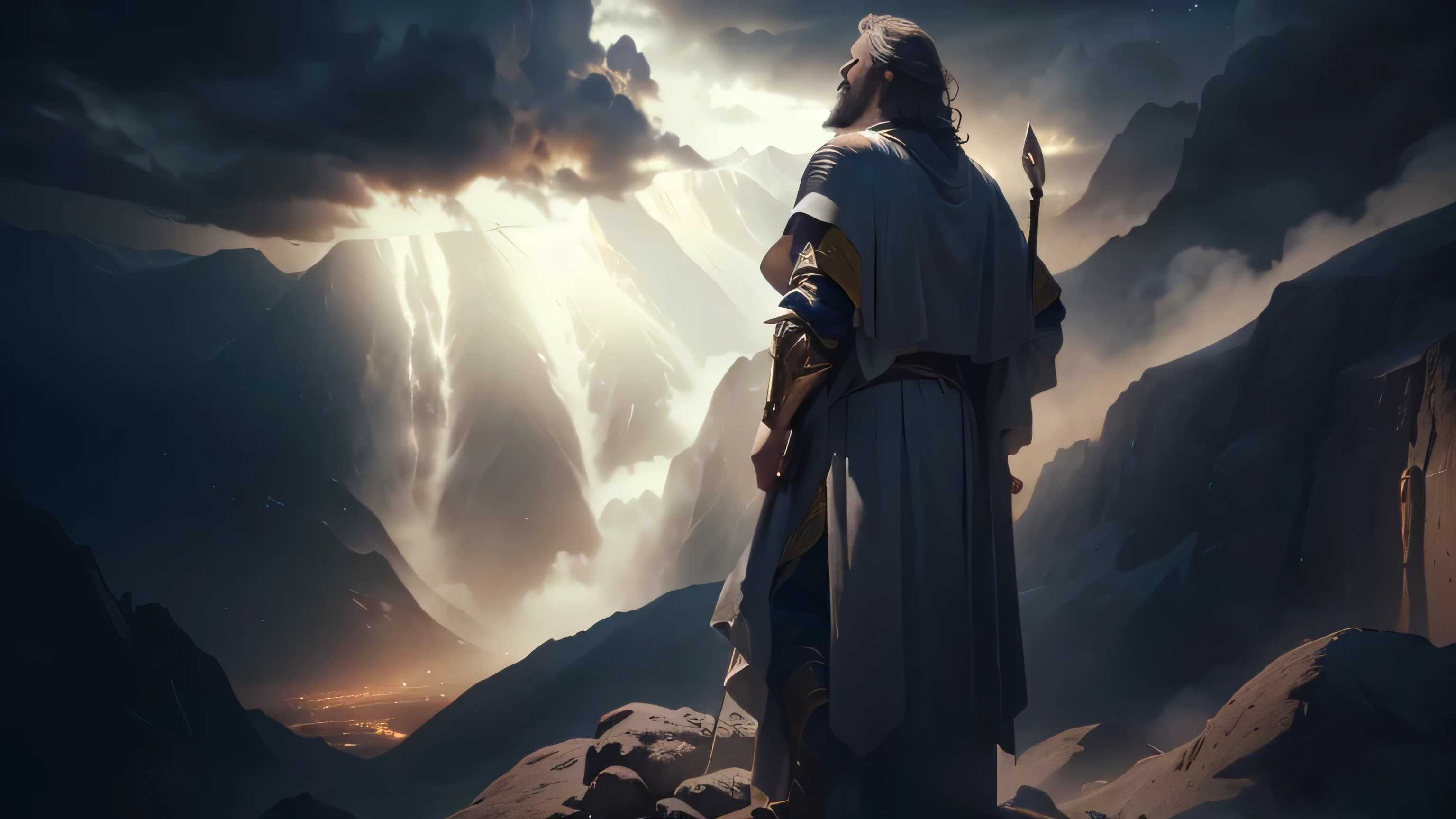 Moses standing in the mountains and looking up at the sky, biblical epic movie, moses, fantasy style 8 k octane render, stunning vfx, epic clouds and godlike lighting, dramatic epic cinematic lighting, 2 0 2 1 cinematic 4 k framegrab, epic cinematic shot, amazingly epic visuals, epic biblical depiction, dramatic cinematic shot, epic cinematic matte painting
