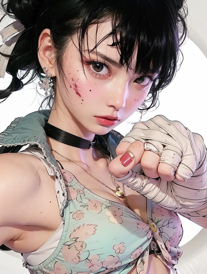 Beauty, Black Hair, Kickboxing, damage, bandage, monotone, mode, Ultra-thin line art, Detailed depiction, Fine writing, Hiro Yamagata, Lots of tattoos, Face Paint, Many rings, Flashy Nails, Lots of bangles, beautiful girl, solo, attractive, niji 6, multi color, the same pose, Summer outfitsPastel colored tops, pink, Mint green, Blouses and shirts in soft colors such as lavender, Floral Print, Floral dresses and skirts, Denim jackets and cardigans, Tank tops and camisoles, Bright colored bottoms, white, beige, Pants or skirts in light colors such as light gray, Flat shoes or sandals, casual, Small items such as earrings, Add an accent to your outfit、masterpiece, ultra detailed, hyper detailed, insanely detailed, detailed, high quality, best quality, exquisite, beautiful, woman, shy, wink, making a V sign, looking at viewer, black hair, big eyes, slant eyes, wide-eyed, heterochromia, with heart-shaped pupils, wheatish skin, skirt, choker, with a tattoo, piercing, beauty mark, freckles, blush, nail polish, long hair, twintail, very long hair, long hair, twintails, spiked hair, flipped hair, ahoge, shiny hair, wavy hair