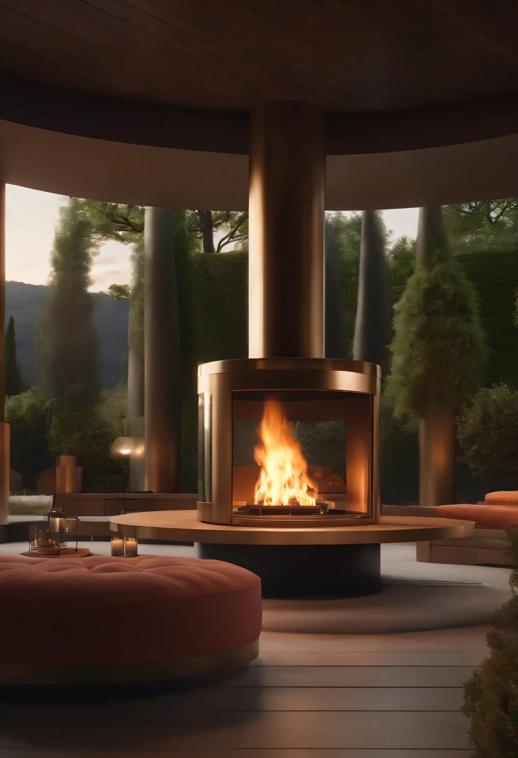 Professional 3D rendering of a circular fireplace design for the middle of the terrace