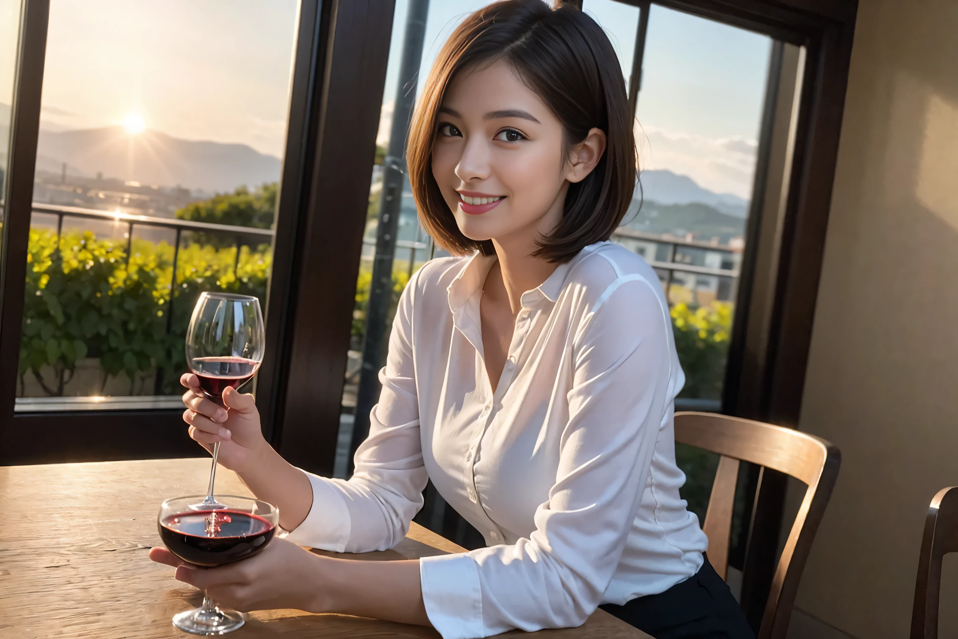 ((highest quality、8k、masterpiece:1.3))、1 male、1 woman who resembles Satomi Ishihara、Couple、Spouse、Couple、The body is slim、((Bob Hale、Straight hair:1.2)), (Realistic, Intricate details:1.2), Wine glass on the table、Put the light on your face、 Amazing view of the sunset sky and clouds、Amazing mountain views、A bright smile、The wonderfulness of smile、Bright image、The beauty of wine, Beautiful Face, blue eyes, The light shines on your face, Blushing, short hair,Bright Face、 (Age 42), 39 years old, red wine 、Appetizers、Italian food、Wine bottle、Champagne、sparkling wine、Two beauties、Brown Hair、Shortcuts、Long sleeve shirt、dress、Pretty Woman 1, (Slim face), (The body is slim), (Brown Hair), (Shortcuts), cheeks turn a little red,Attractive beauty、restaurant, In a prominent place (From the waist up) Nova Frog Style, actress, model, Upper Body, White wine, slim, wine glass, A wine glass placed in the center, smile, (smile: 1.15), Beautiful fine grain, Depth f/2,saturation, High Contrast, Strong light and shadow,Moist Body:1.5、3D texture、Delicate eyes、Brown Hair、The hair is very shiny、