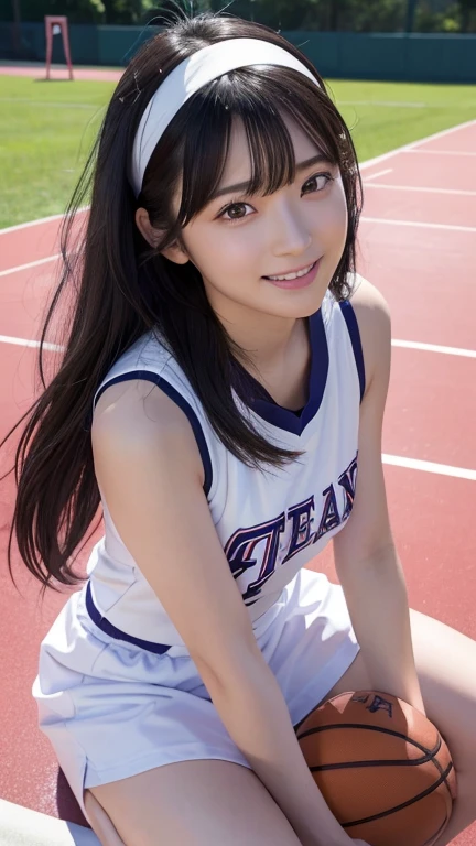 8K、Detailed Description、Very high definition、Realistic、reality的、Real、live-action、reality、High resolution、full body shot,Nogizaka46、japanese idol,beautiful girl、21 years old、Angle of view that allows you to see the whole body、Pull angle of view、basketball、Basketball uniform、Knee-up-top angle of view、Mouth closed、smile、Basketball court、Long Hair、Very black hair、Hair blowing in the wind、pretty girl、Beauty、Glowing Skin、Glowing Skin、Shiny Hair、Very white skin、Headband、Heavy makeup、Large Breasts、Embarrassed、Shyly、Slit eyes、Big Eyes、Double eyelids、Don't show your teeth、Cross your arms behind your hips、Bend over and peer at me