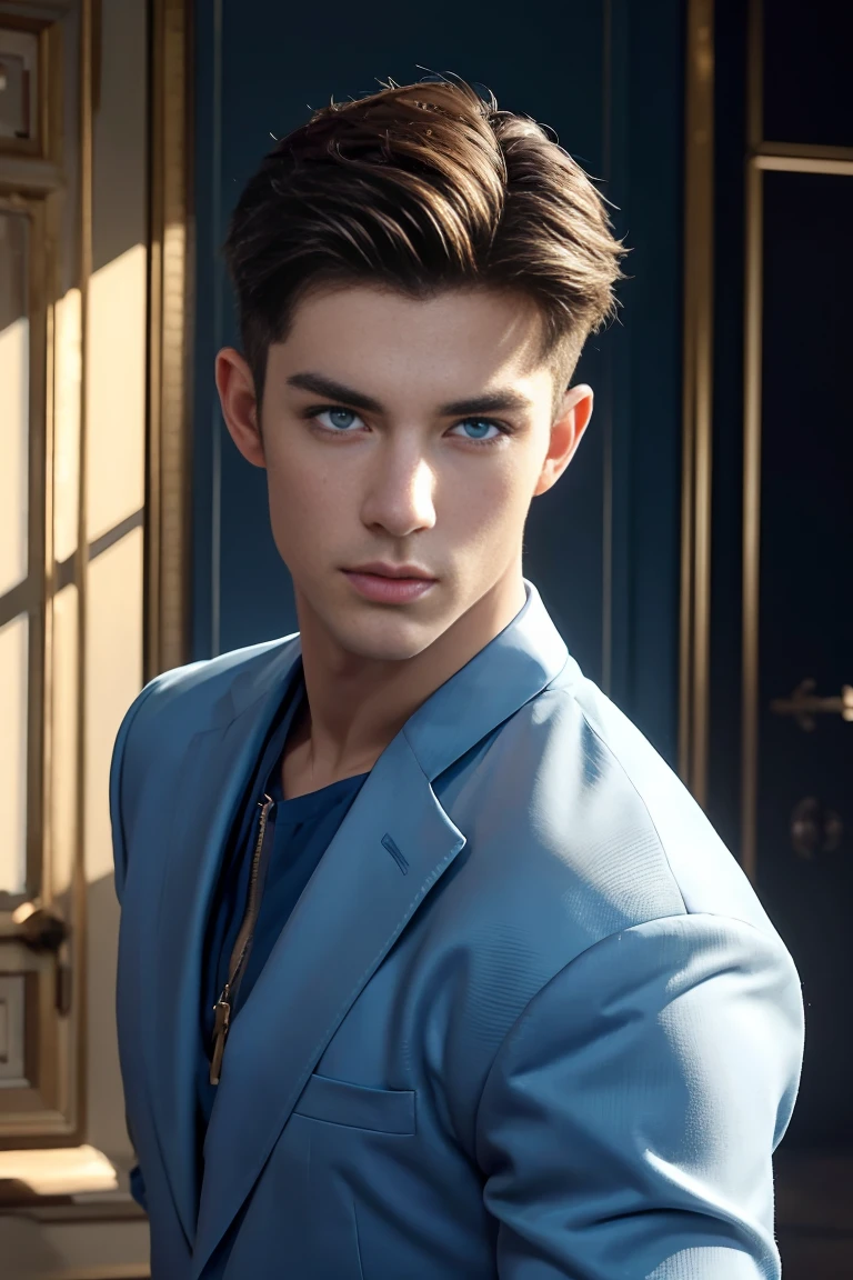 Ultra wide angle，((masterpiece)),((best quality)),8K,High Detail,Very detailed, 2 handsome muscular boys，very manly，blue eyes，Fashionable short hair，Vivid male image, fashion pose, masculine expression，Real skin texture, Perfect and realistic hand details，Light,
Royal blue style couple，White male model photos