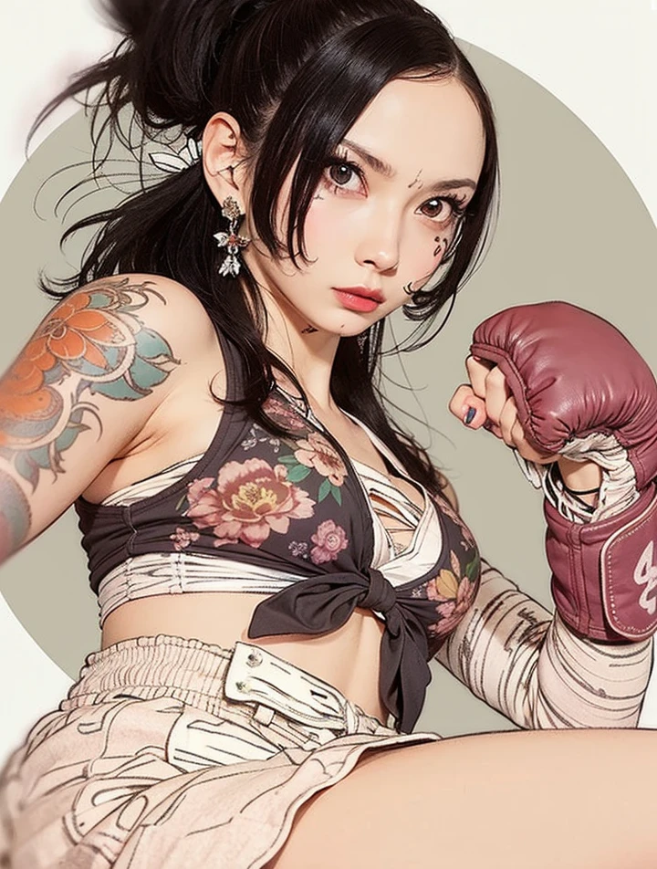 Beauty, Black Hair, Kickboxing, damage, bandage, monotone, mode, Ultra-thin line art, Detailed depiction, Fine writing, Hiro Yamagata, Lots of tattoos, Face Paint, Many rings, Flashy Nails, Lots of bangles, beautiful girl, solo, attractive, niji 6, multi color, the same pose, Summer outfitsPastel colored tops, pink, Mint green, Blouses and shirts in soft colors such as lavender, Floral Print, Floral dresses and skirts, Denim jackets and cardigans, Tank tops and camisoles, Bright colored bottoms, white, beige, Pants or skirts in light colors such as light gray, Flat shoes or sandals, casual, Small items such as earrings, Add an accent to your outfit、masterpiece, ultra detailed, hyper detailed, insanely detailed, detailed, high quality, best quality, exquisite, beautiful, woman, shy, wink, making a V sign, looking at viewer, black hair, big eyes, slant eyes, wide-eyed, heterochromia, with heart-shaped pupils, wheatish skin, skirt, choker, with a tattoo, piercing, beauty mark, freckles, blush, nail polish, long hair, twintail, very long hair, long hair, twintails, spiked hair, flipped hair, ahoge, shiny hair, wavy hair